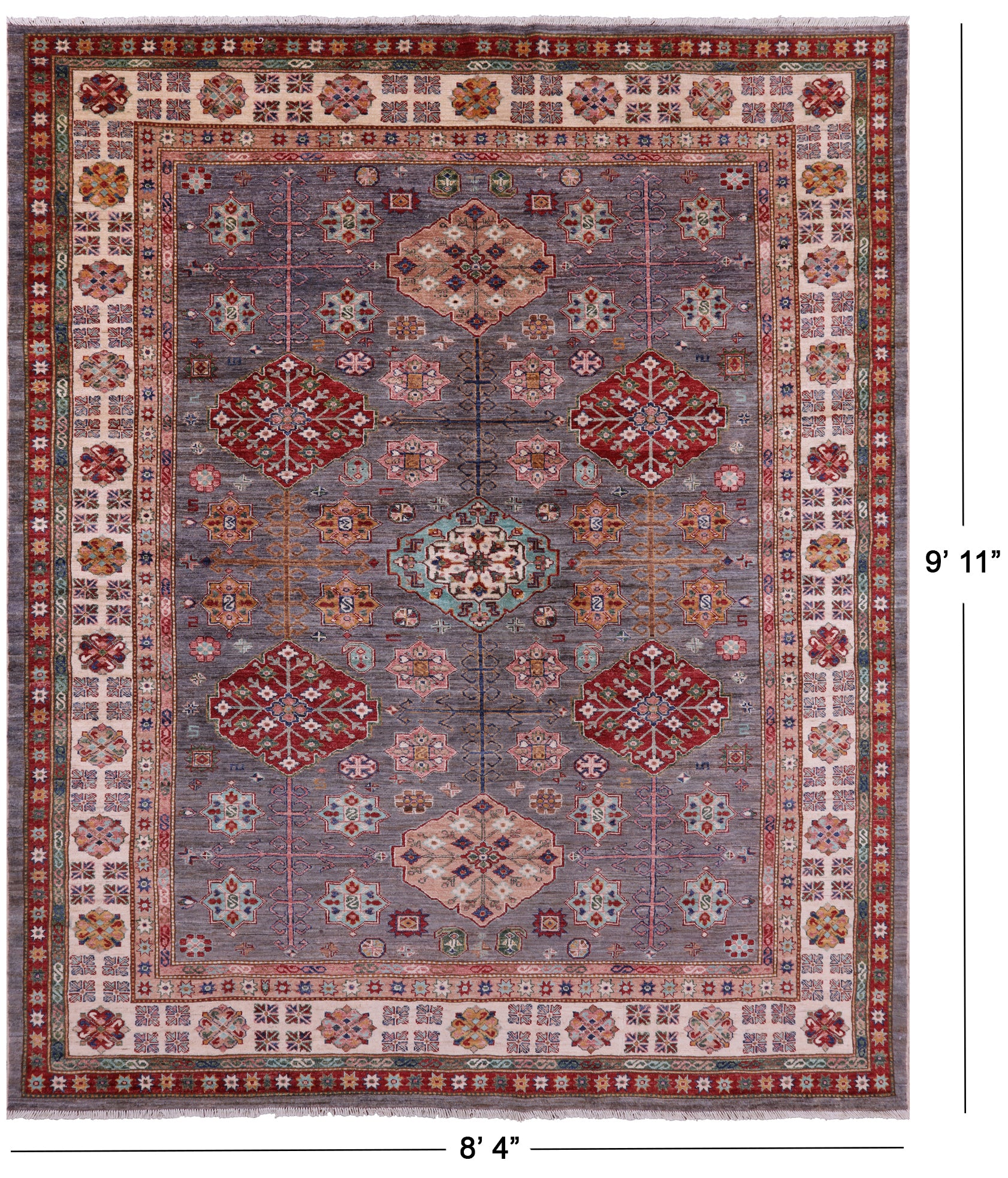 Grey Super Kazak Hand Knotted Wool Rug - 8' 4" X 9' 11" - Golden Nile