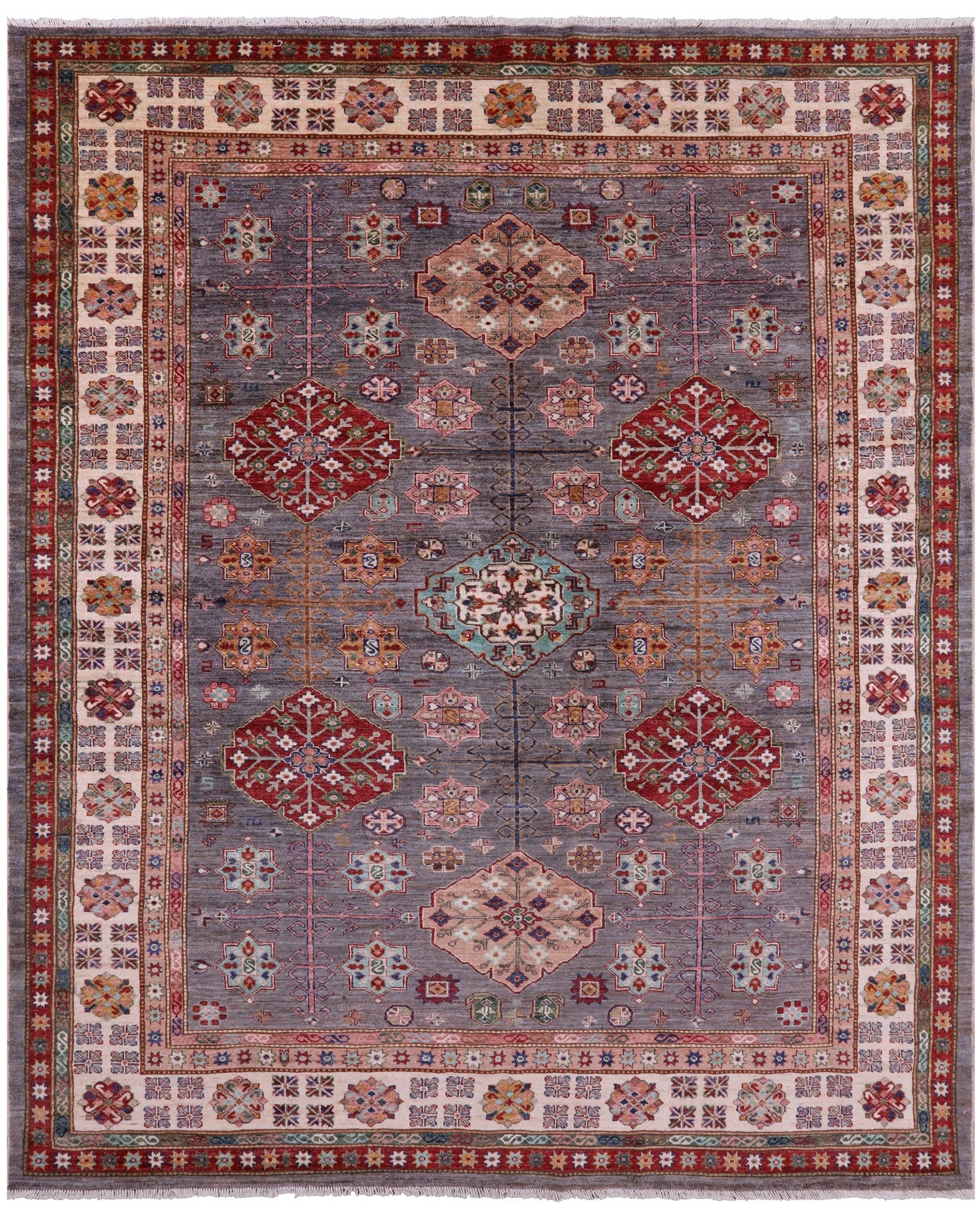 Grey Super Kazak Hand Knotted Wool Rug - 8' 4" X 9' 11" - Golden Nile