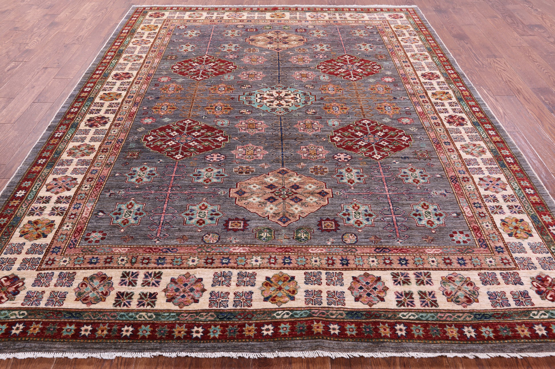 Grey Super Kazak Hand Knotted Wool Rug - 8' 4" X 9' 11" - Golden Nile