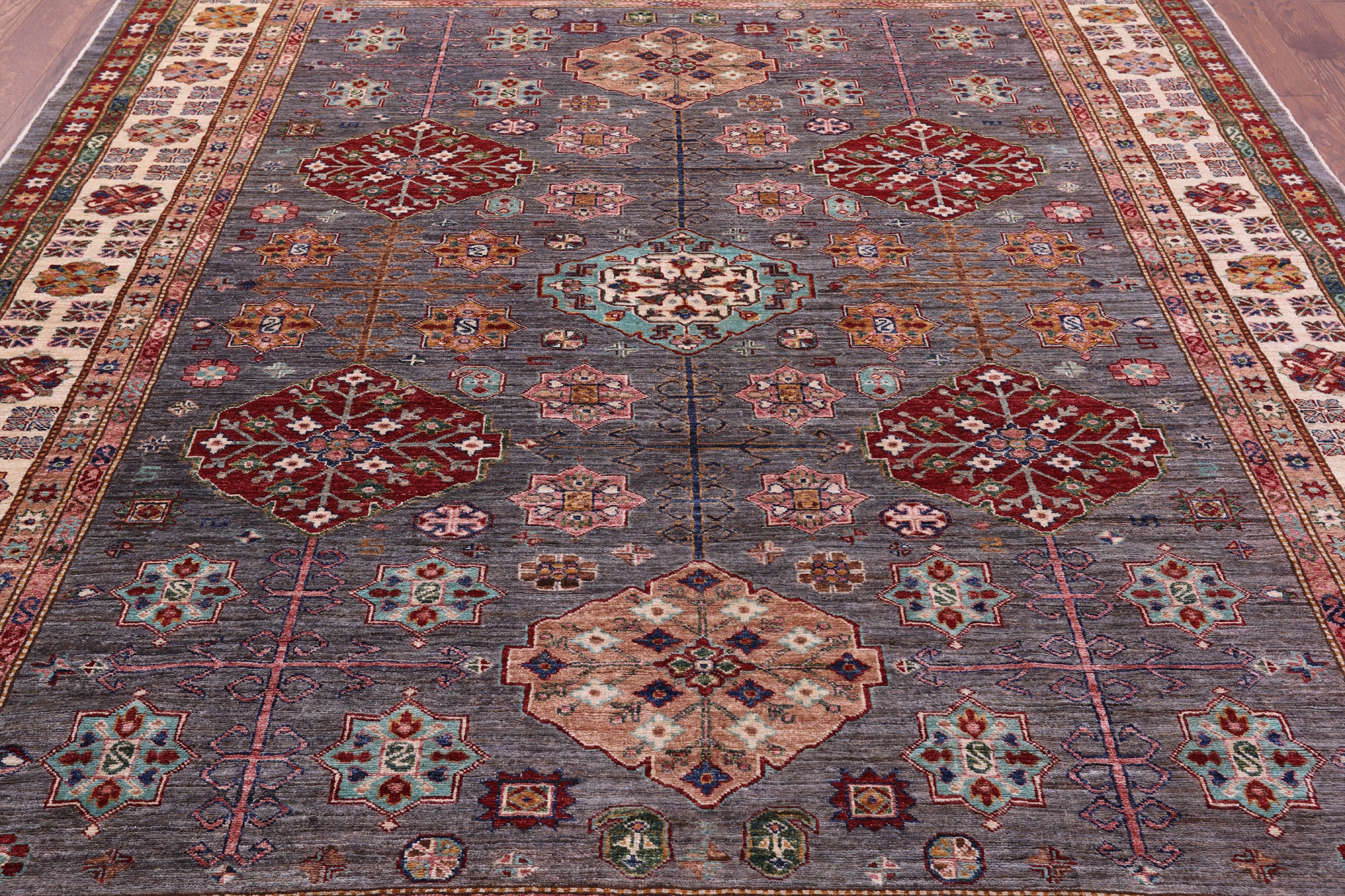 Grey Super Kazak Hand Knotted Wool Rug - 8' 4" X 9' 11" - Golden Nile