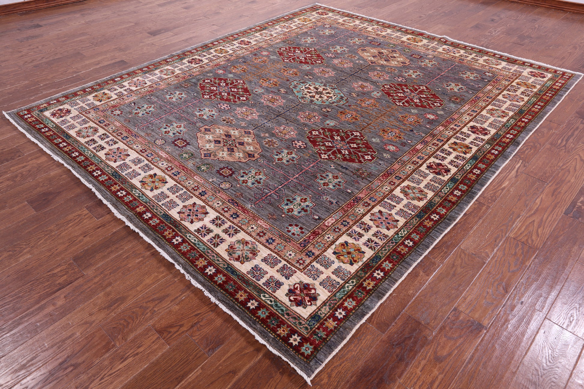 Grey Super Kazak Hand Knotted Wool Rug - 8' 4" X 9' 11" - Golden Nile