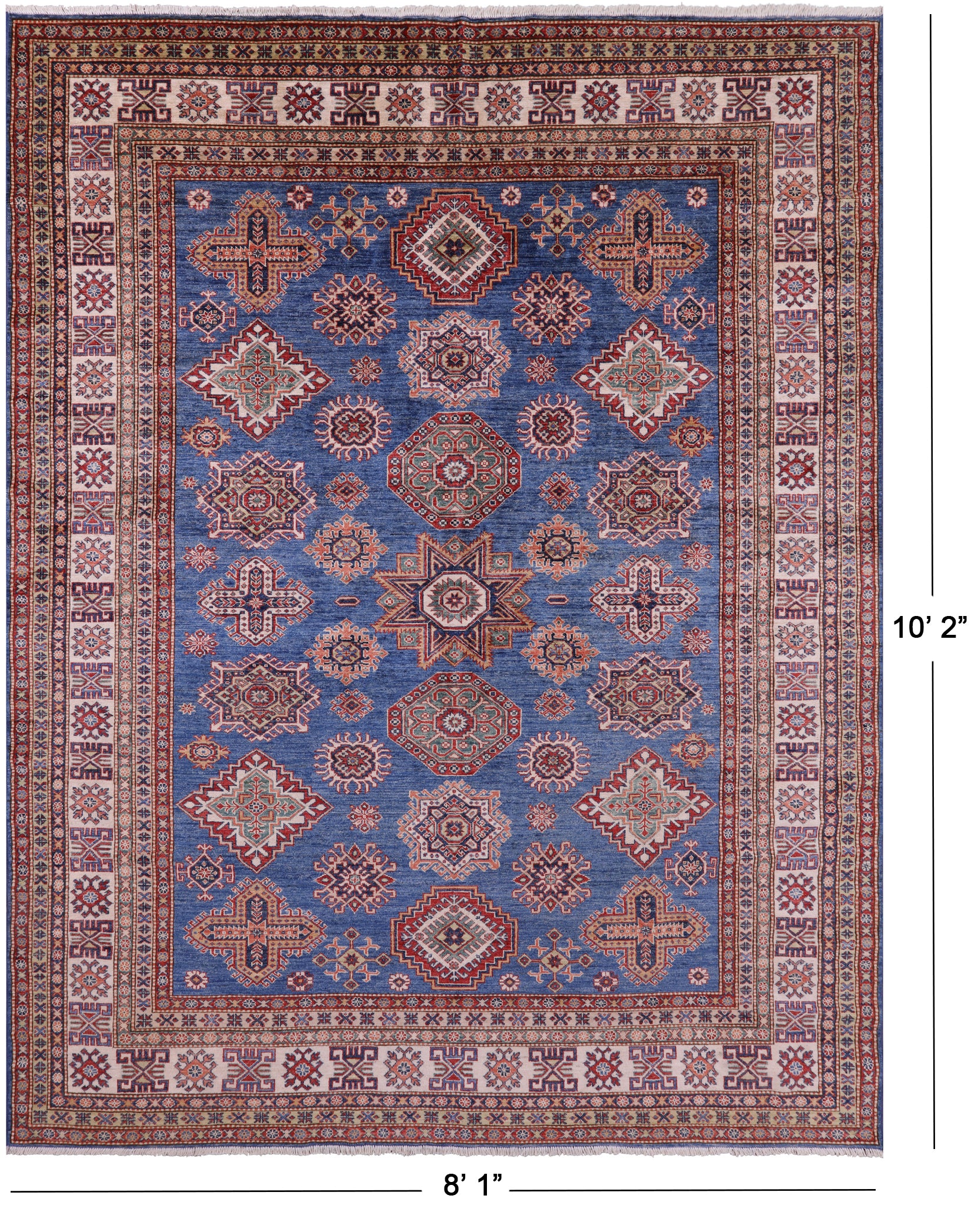 Blue Super Kazak Hand Knotted Wool Rug - 8' 1" X 10' 2" - Golden Nile