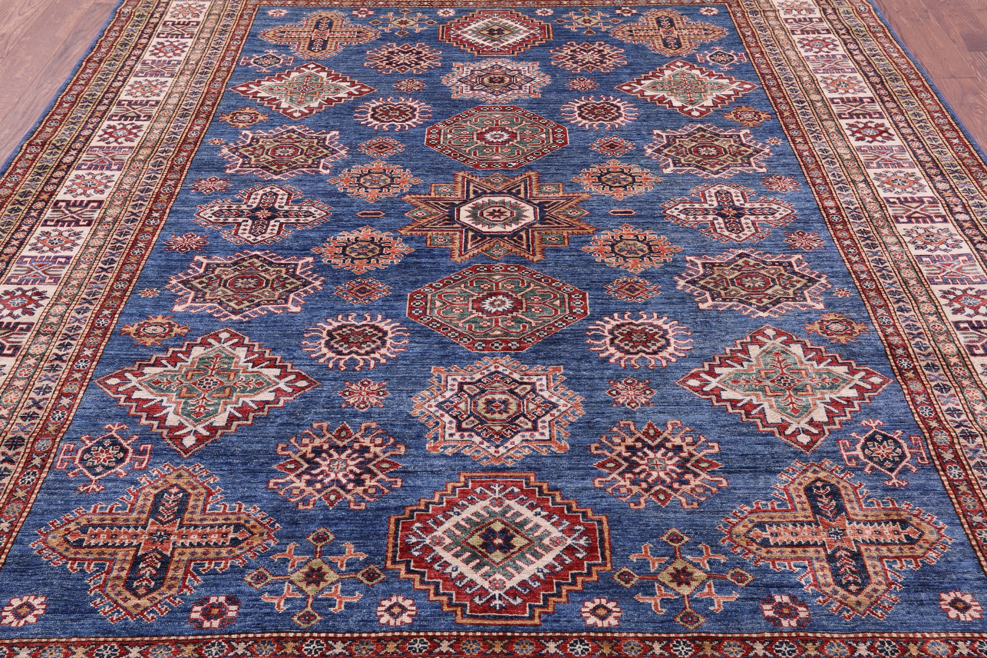 Blue Super Kazak Hand Knotted Wool Rug - 8' 1" X 10' 2" - Golden Nile