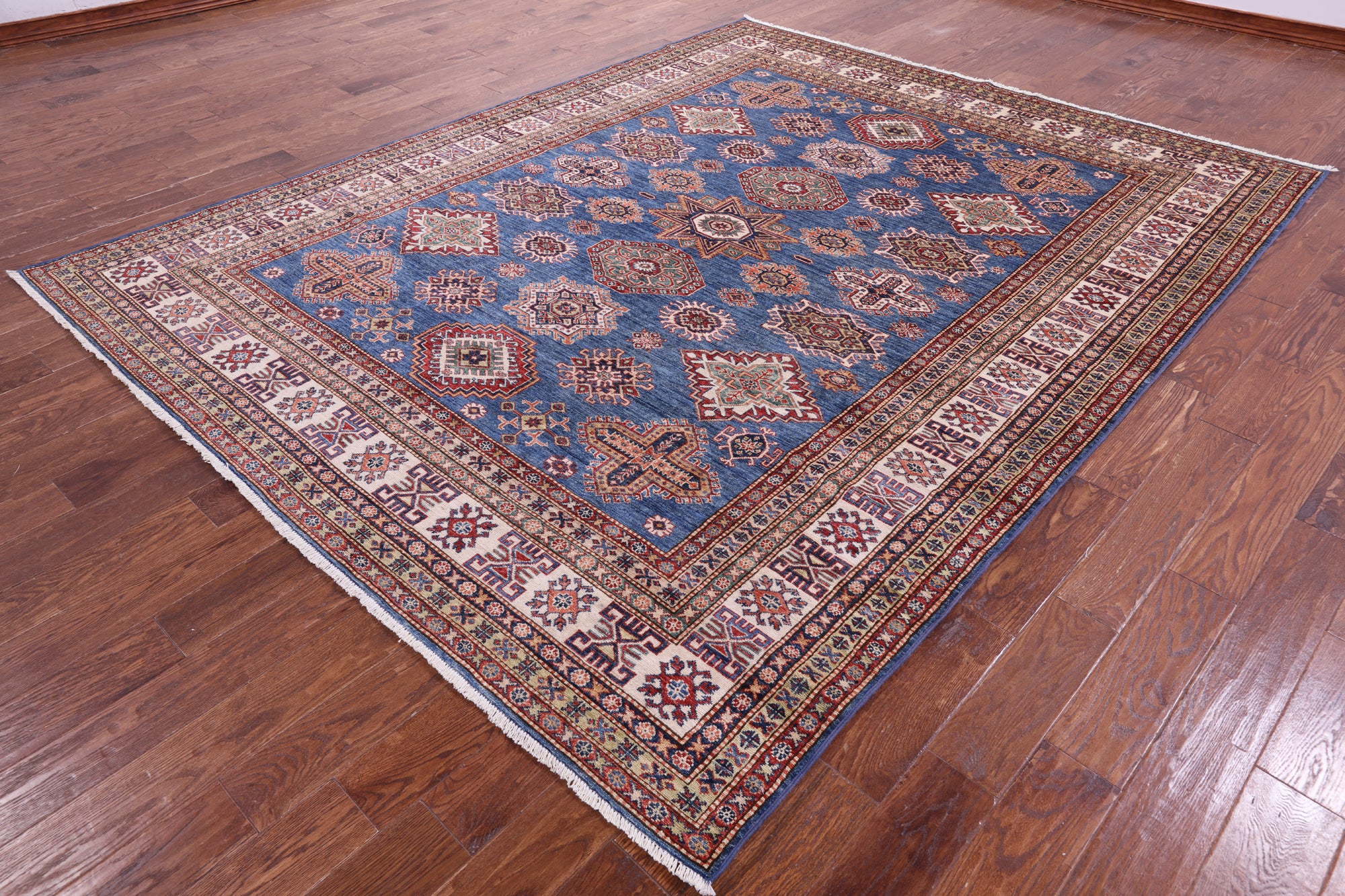 Blue Super Kazak Hand Knotted Wool Rug - 8' 1" X 10' 2" - Golden Nile