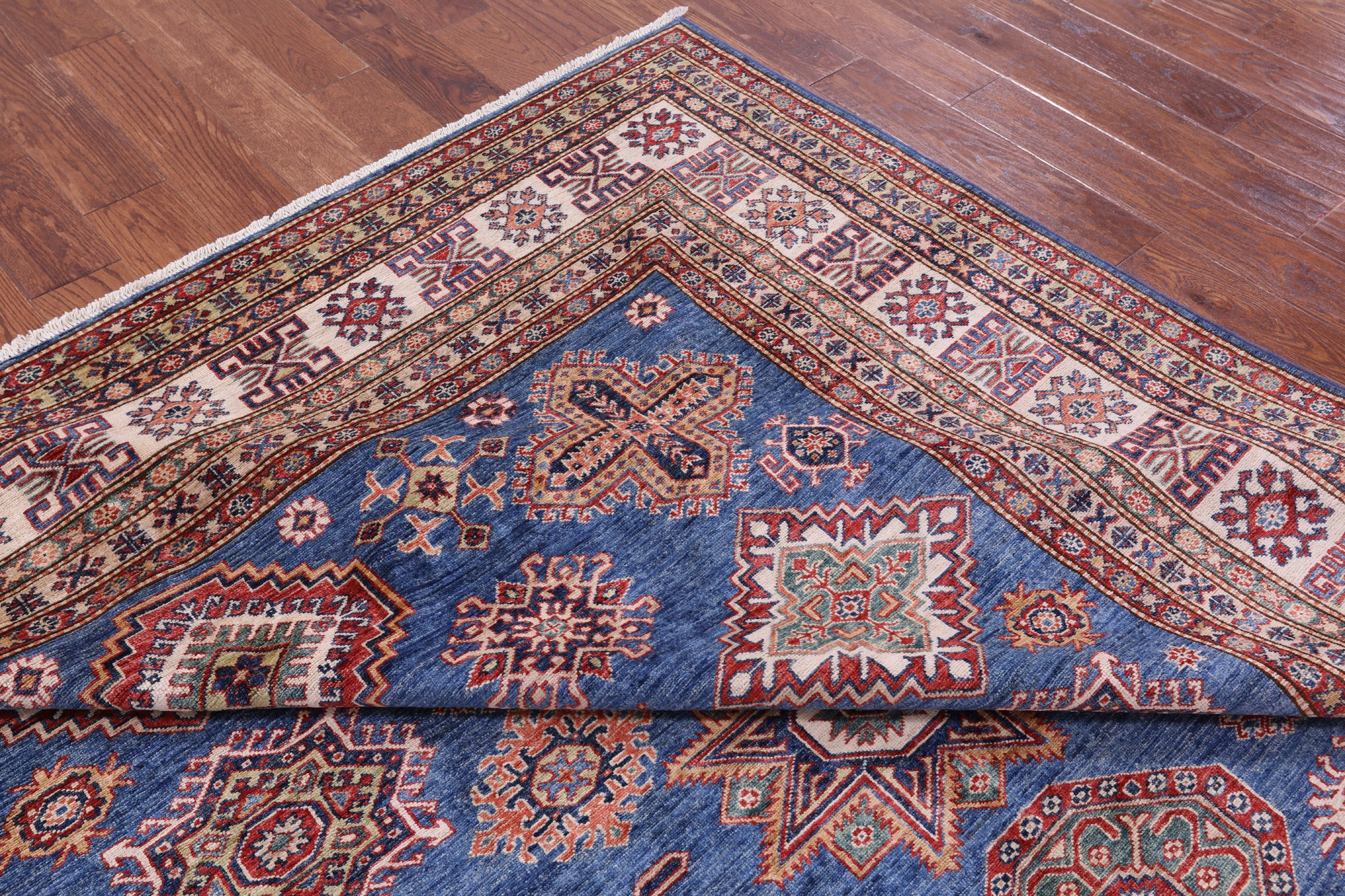 Blue Super Kazak Hand Knotted Wool Rug - 8' 1" X 10' 2" - Golden Nile