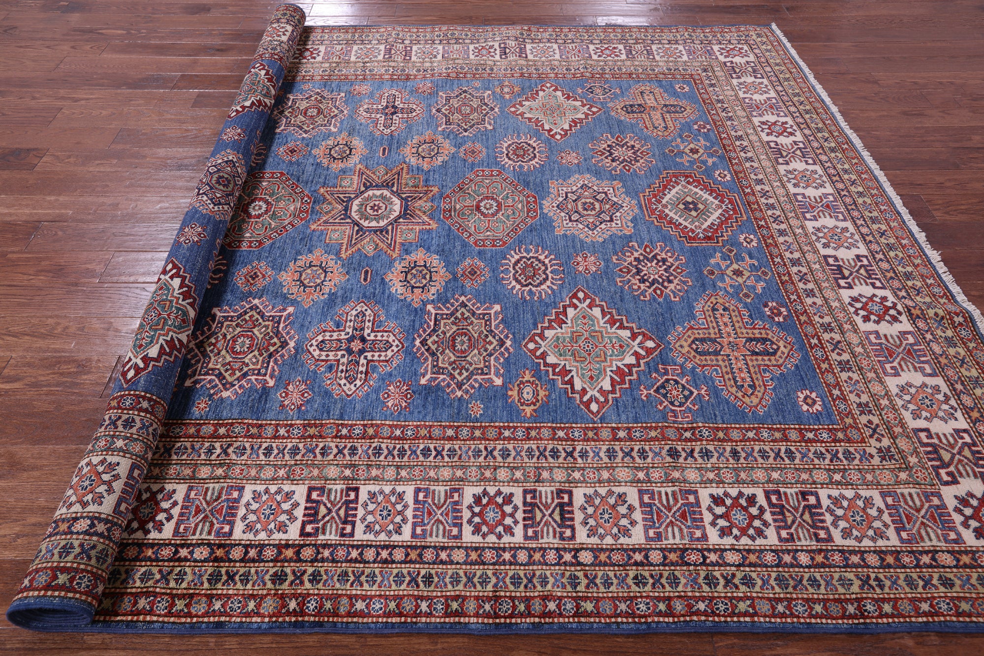 Blue Super Kazak Hand Knotted Wool Rug - 8' 1" X 10' 2" - Golden Nile