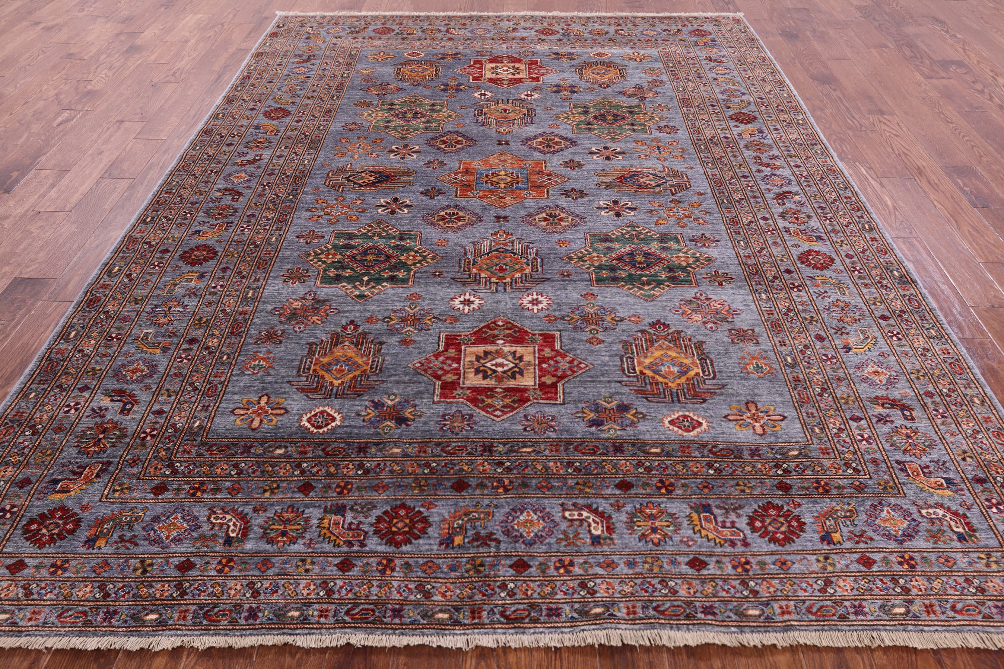 Grey Super Kazak Hand Knotted Wool Rug - 8' 1" X 10' 7" - Golden Nile