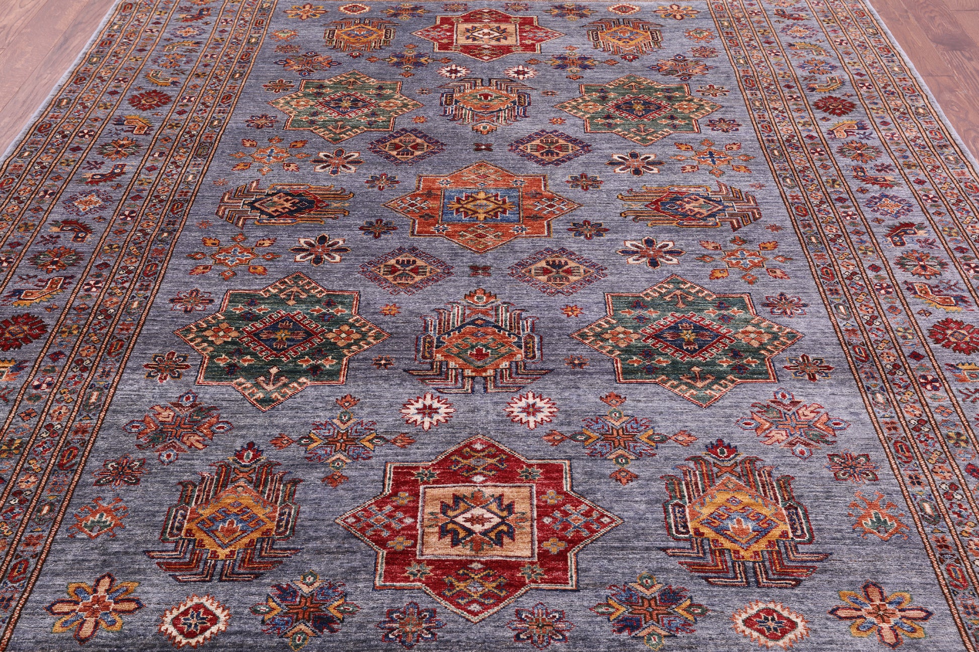 Grey Super Kazak Hand Knotted Wool Rug - 8' 1" X 10' 7" - Golden Nile