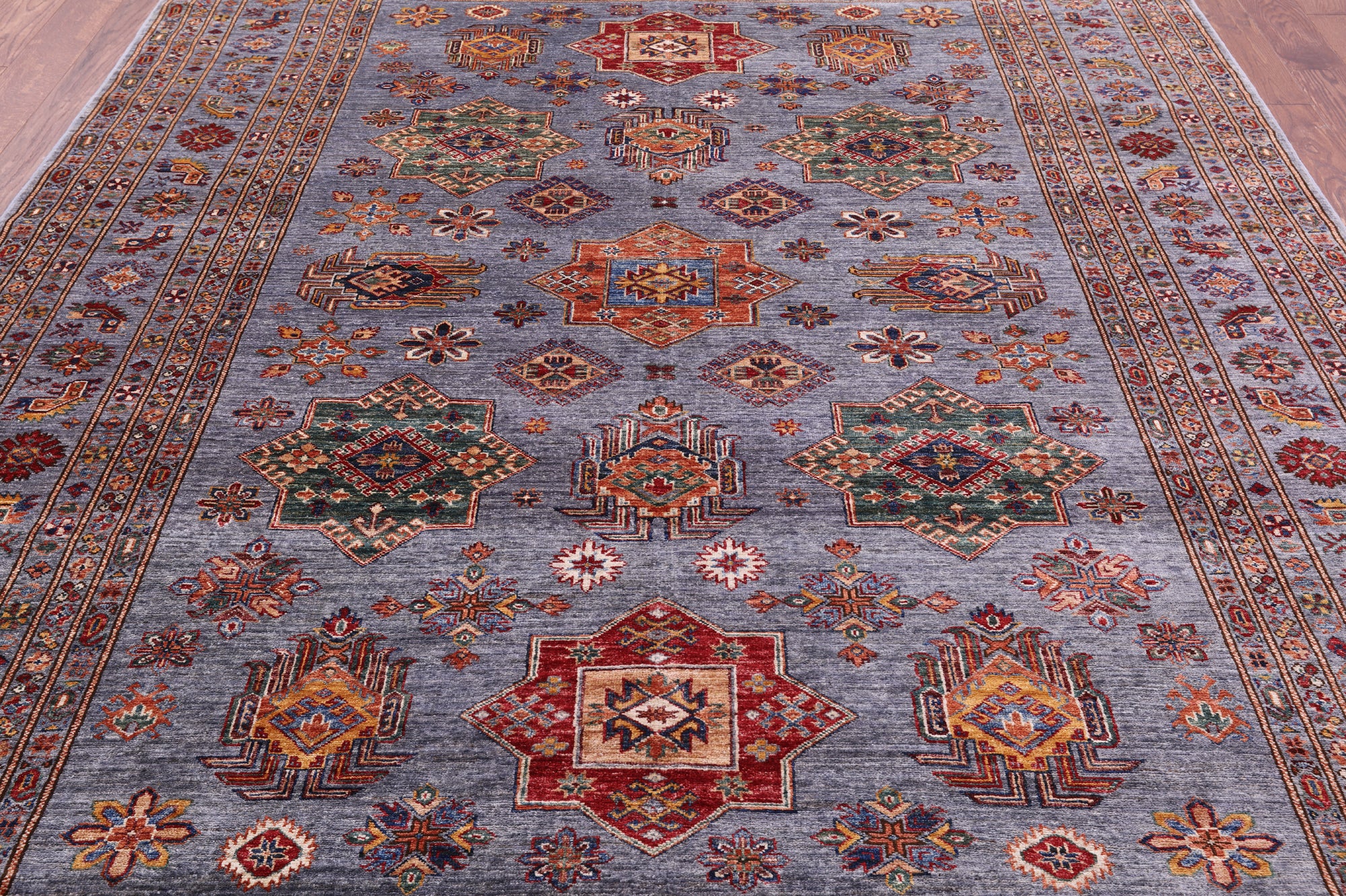 Grey Super Kazak Hand Knotted Wool Rug - 8' 1" X 10' 7" - Golden Nile