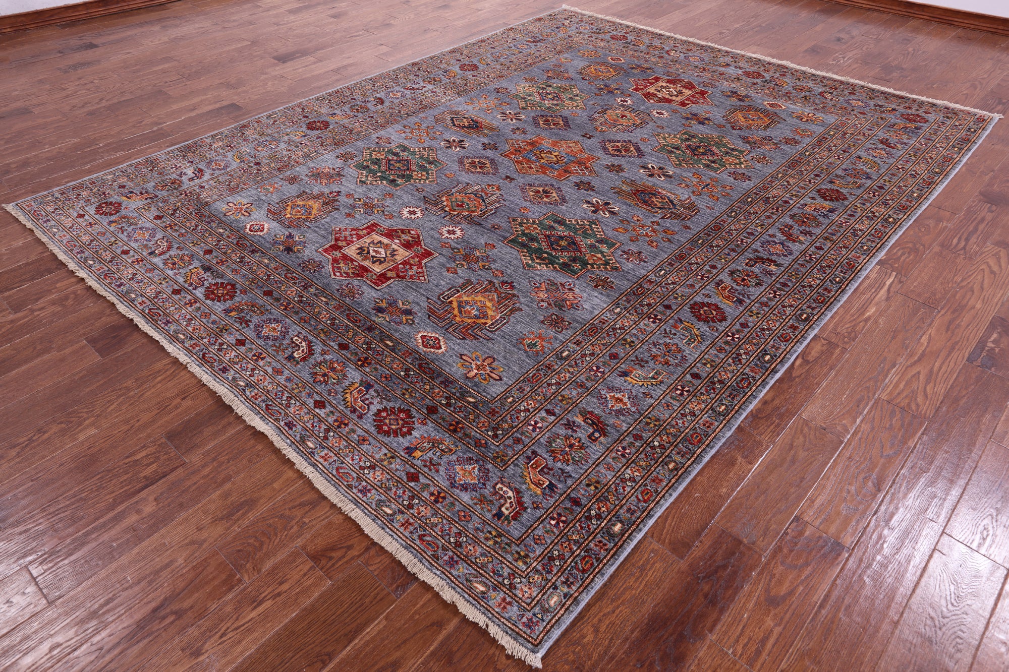 Grey Super Kazak Hand Knotted Wool Rug - 8' 1" X 10' 7" - Golden Nile