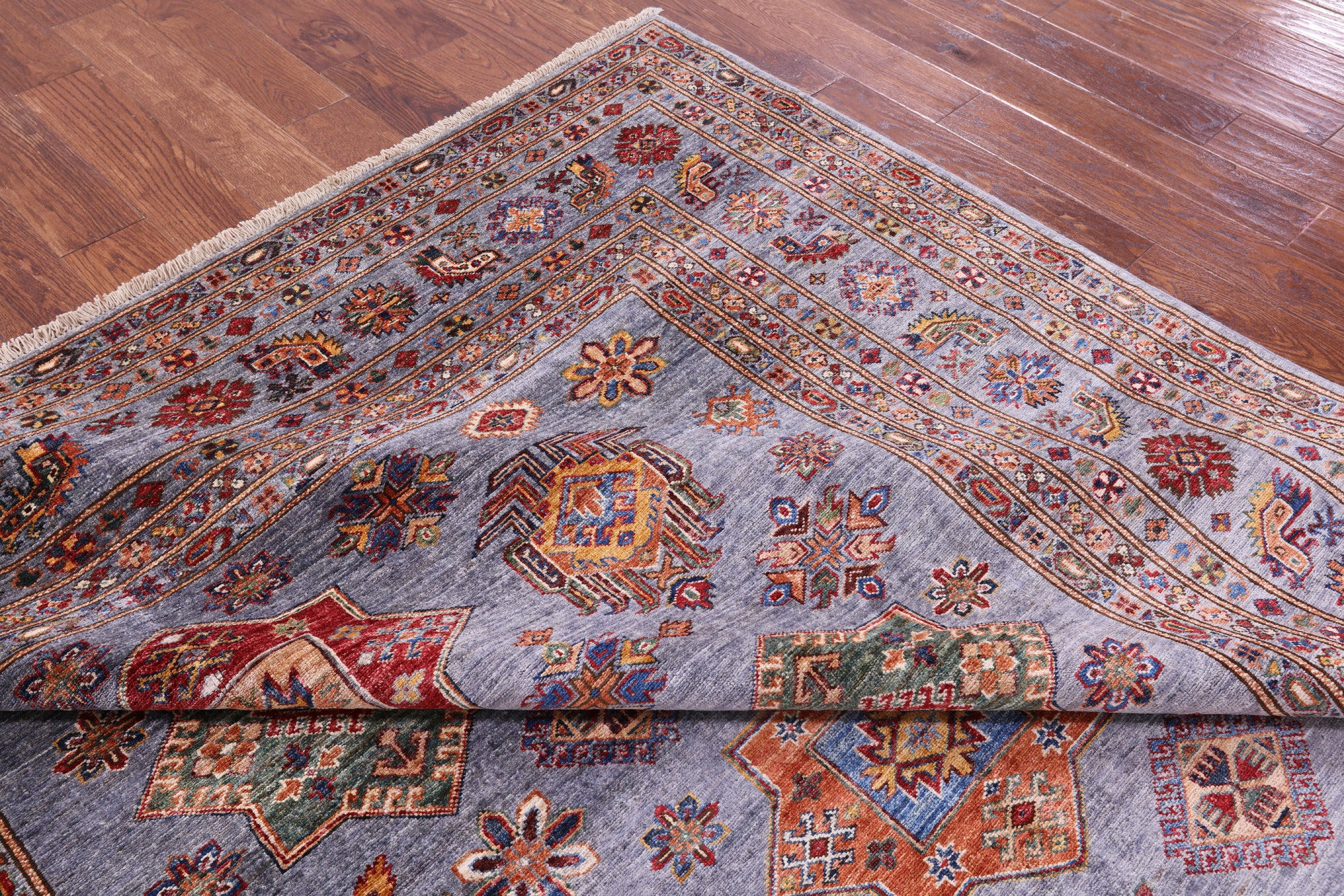 Grey Super Kazak Hand Knotted Wool Rug - 8' 1" X 10' 7" - Golden Nile