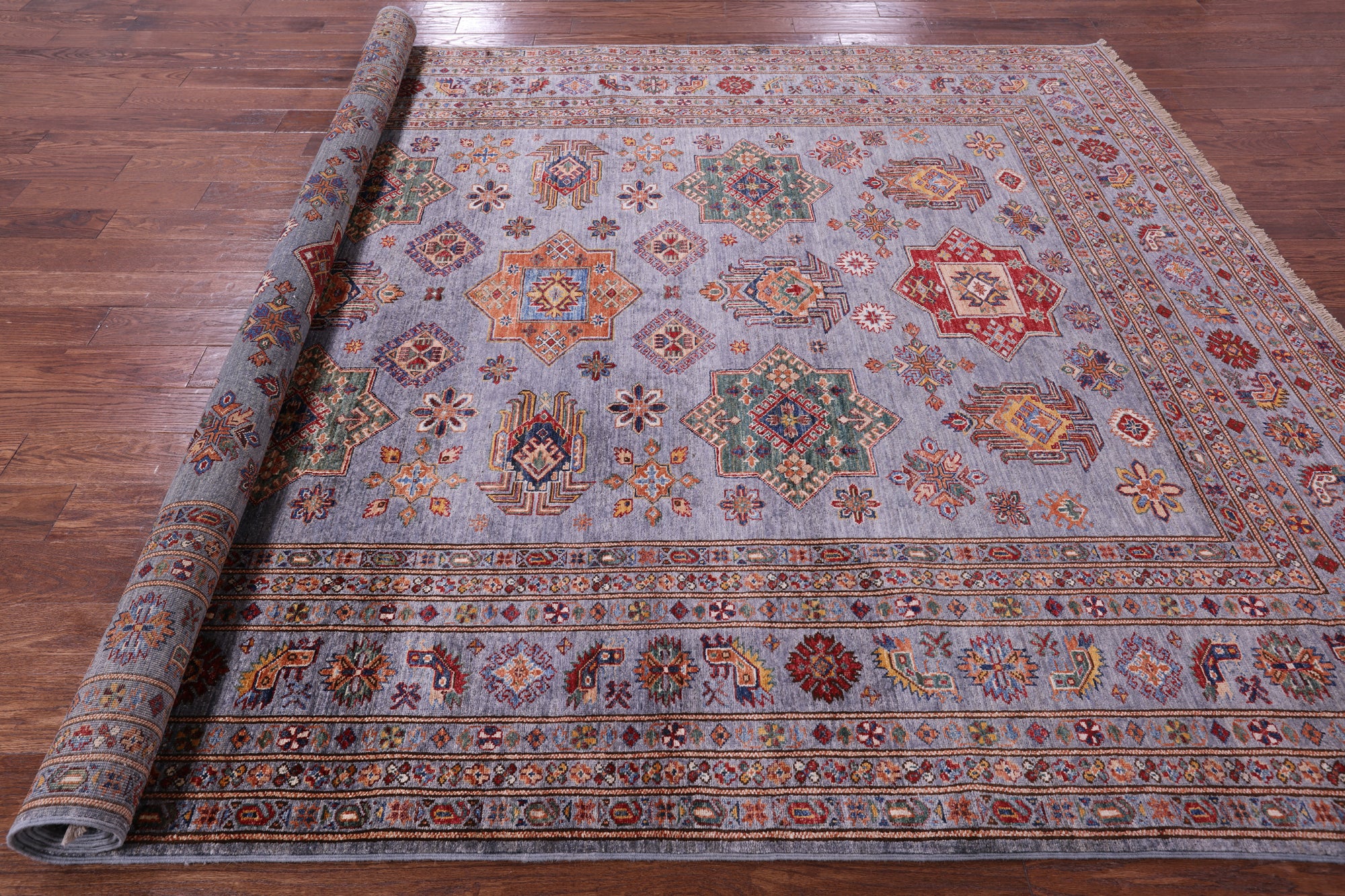 Grey Super Kazak Hand Knotted Wool Rug - 8' 1" X 10' 7" - Golden Nile