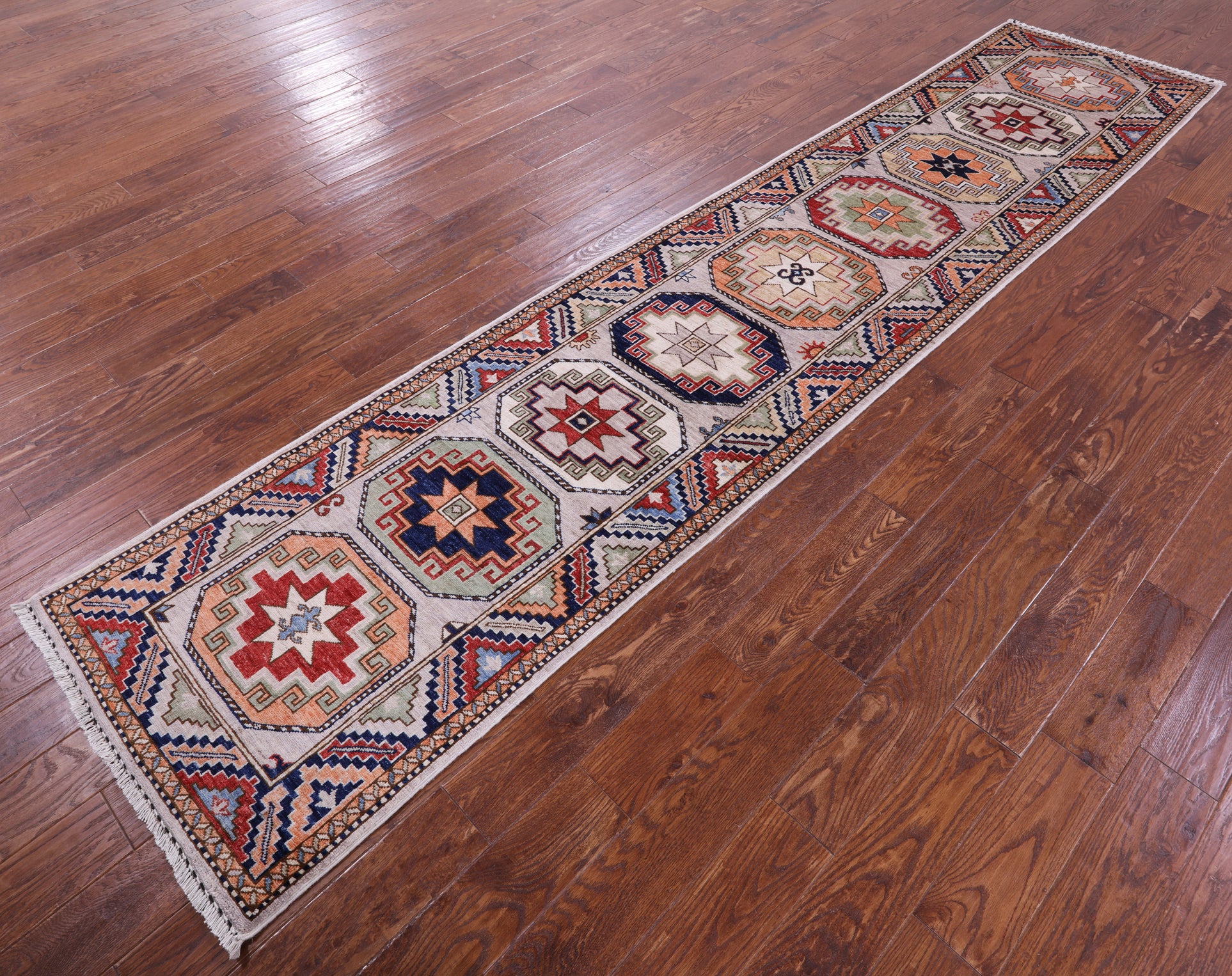 Ivory Turkmen Ersari Hand Knotted Wool Runner Rug - 2' 8" X 12' 3" - Golden Nile