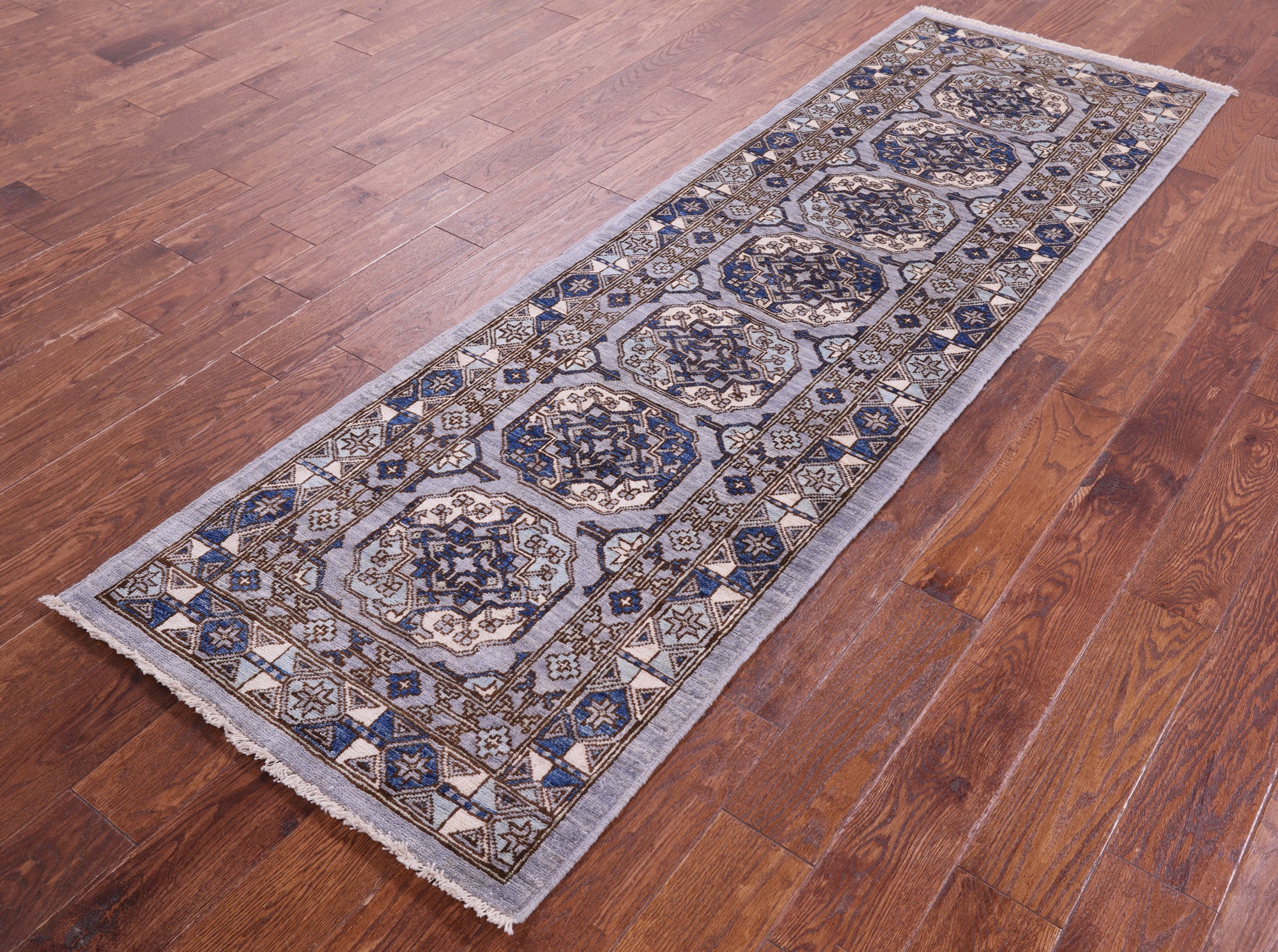 Grey Turkmen Ersari Hand Knotted Wool Runner Rug - 2' 7" X 8' 2" - Golden Nile