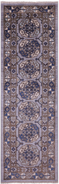 Grey Turkmen Ersari Hand Knotted Wool Runner Rug - 2' 7" X 8' 2" - Golden Nile
