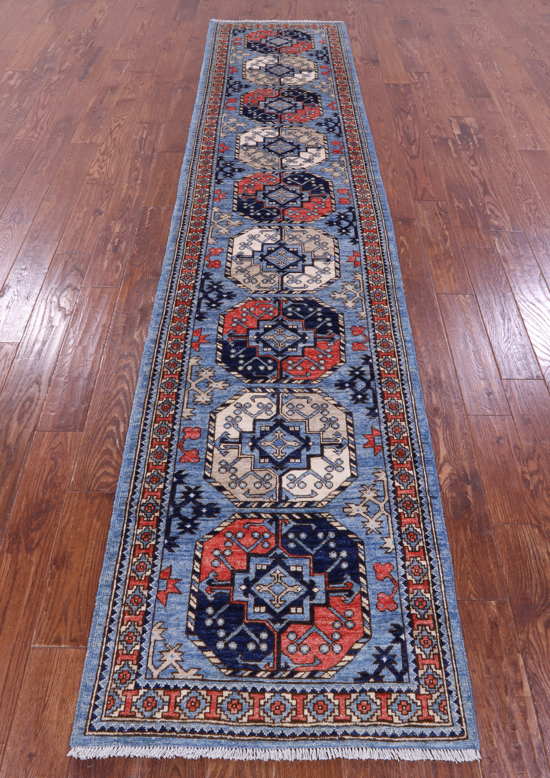 Blue Turkmen Ersari Hand Knotted Wool Runner Rug - 2' 7" X 11' 11" - Golden Nile