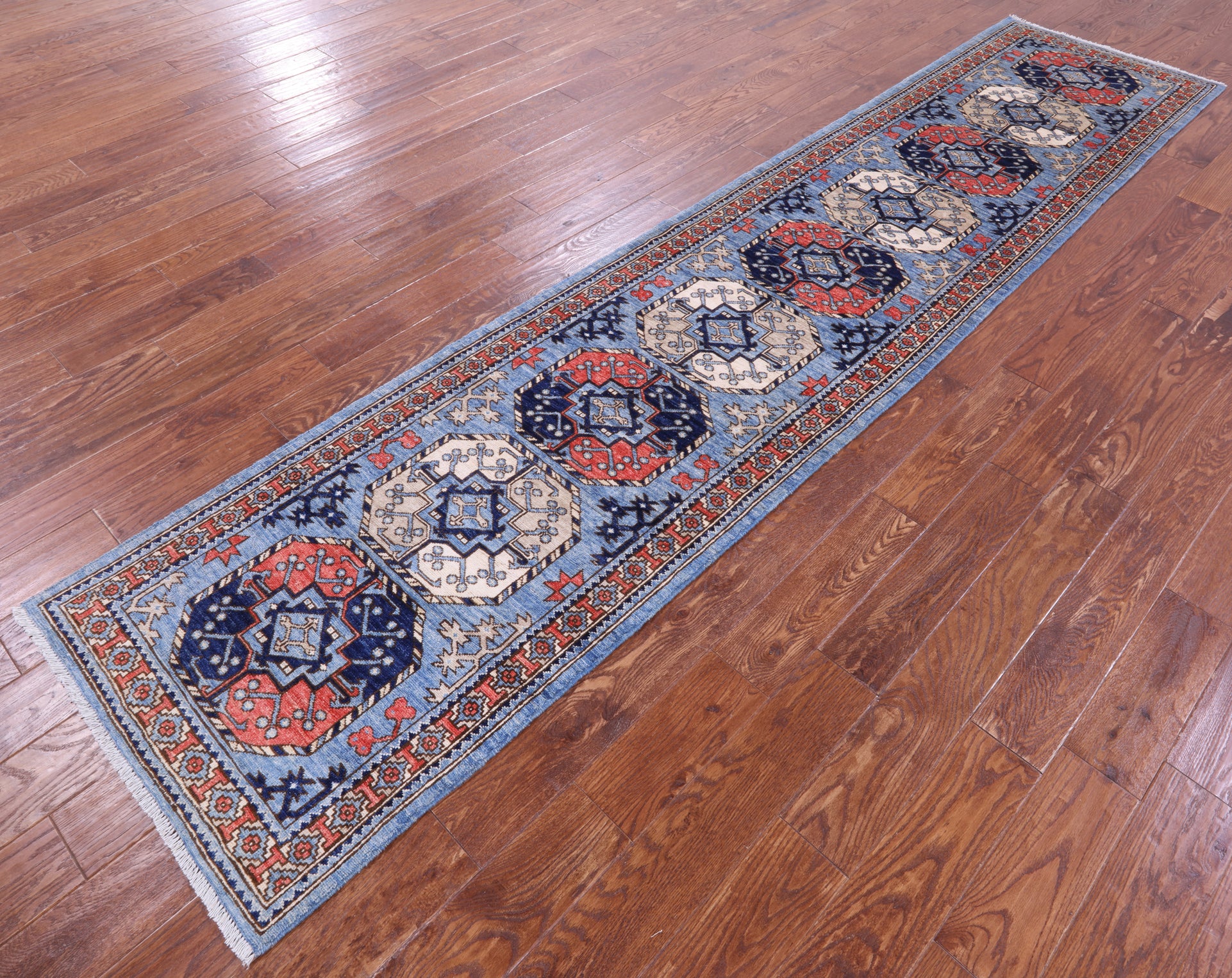 Blue Turkmen Ersari Hand Knotted Wool Runner Rug - 2' 7" X 11' 11" - Golden Nile