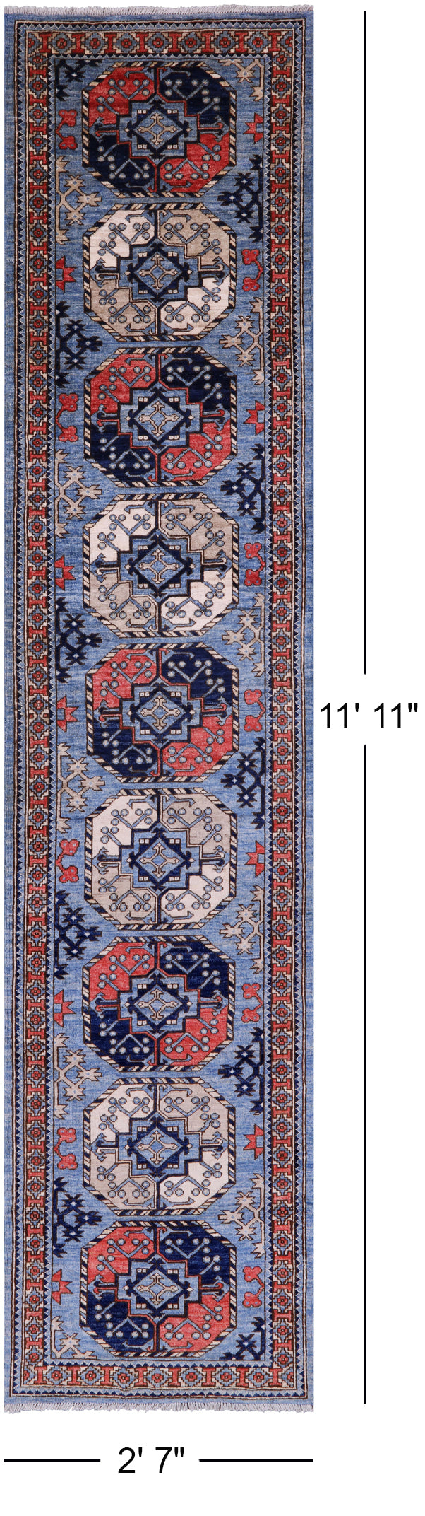 Blue Turkmen Ersari Hand Knotted Wool Runner Rug - 2' 7" X 11' 11" - Golden Nile