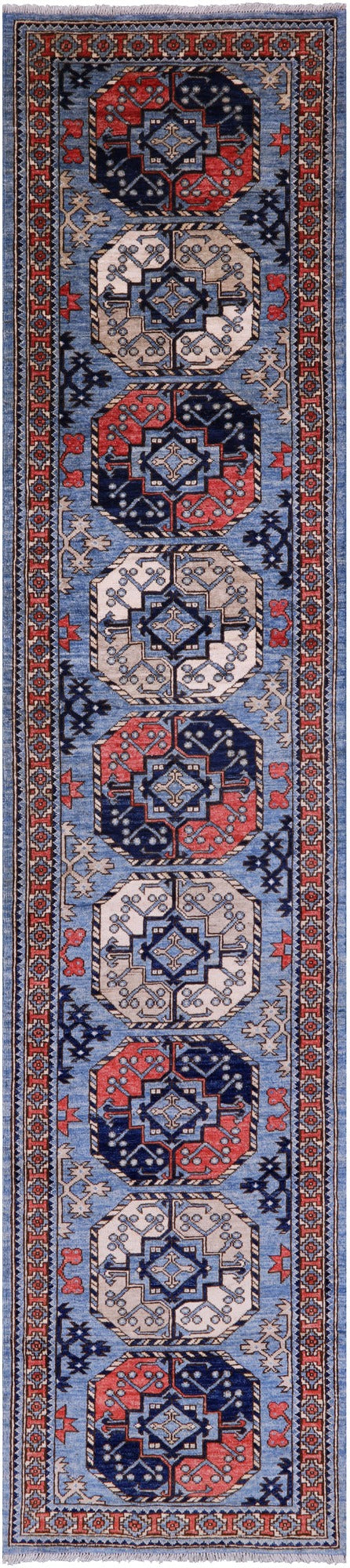 Blue Turkmen Ersari Hand Knotted Wool Runner Rug - 2' 7" X 11' 11" - Golden Nile