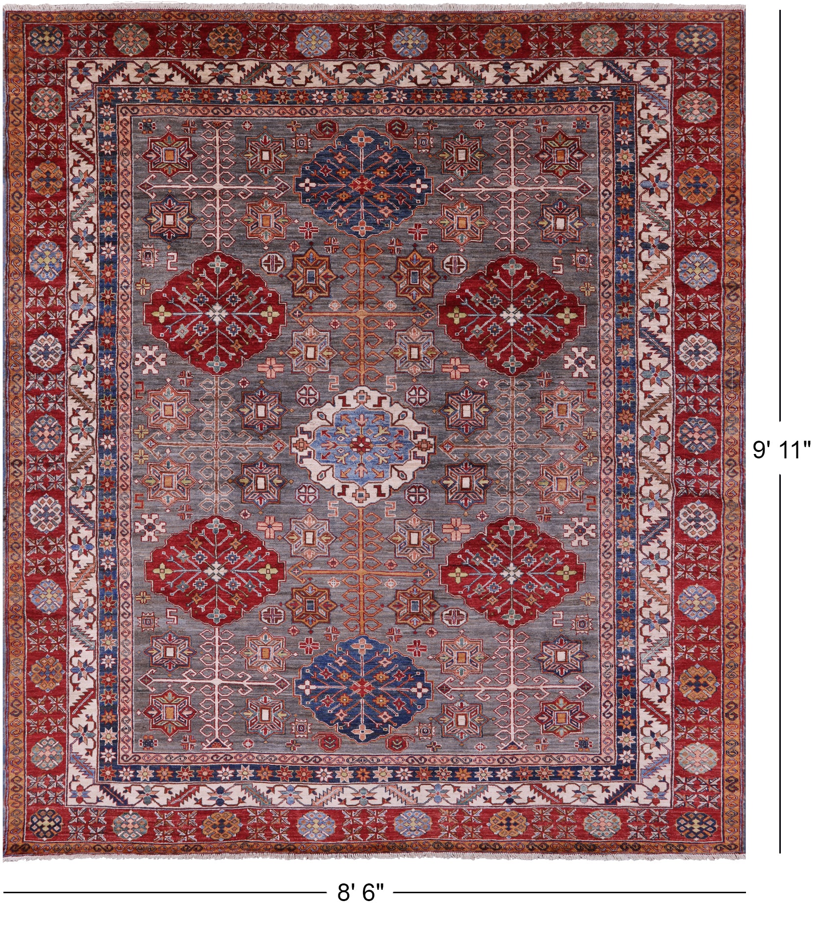 Grey Super Kazak Hand Knotted Wool Rug - 8' 6" X 9' 11" - Golden Nile