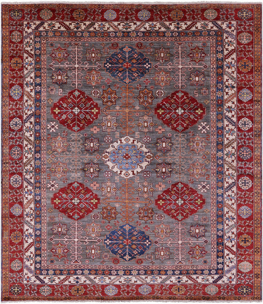 Grey Super Kazak Hand Knotted Wool Rug - 8' 6" X 9' 11" - Golden Nile