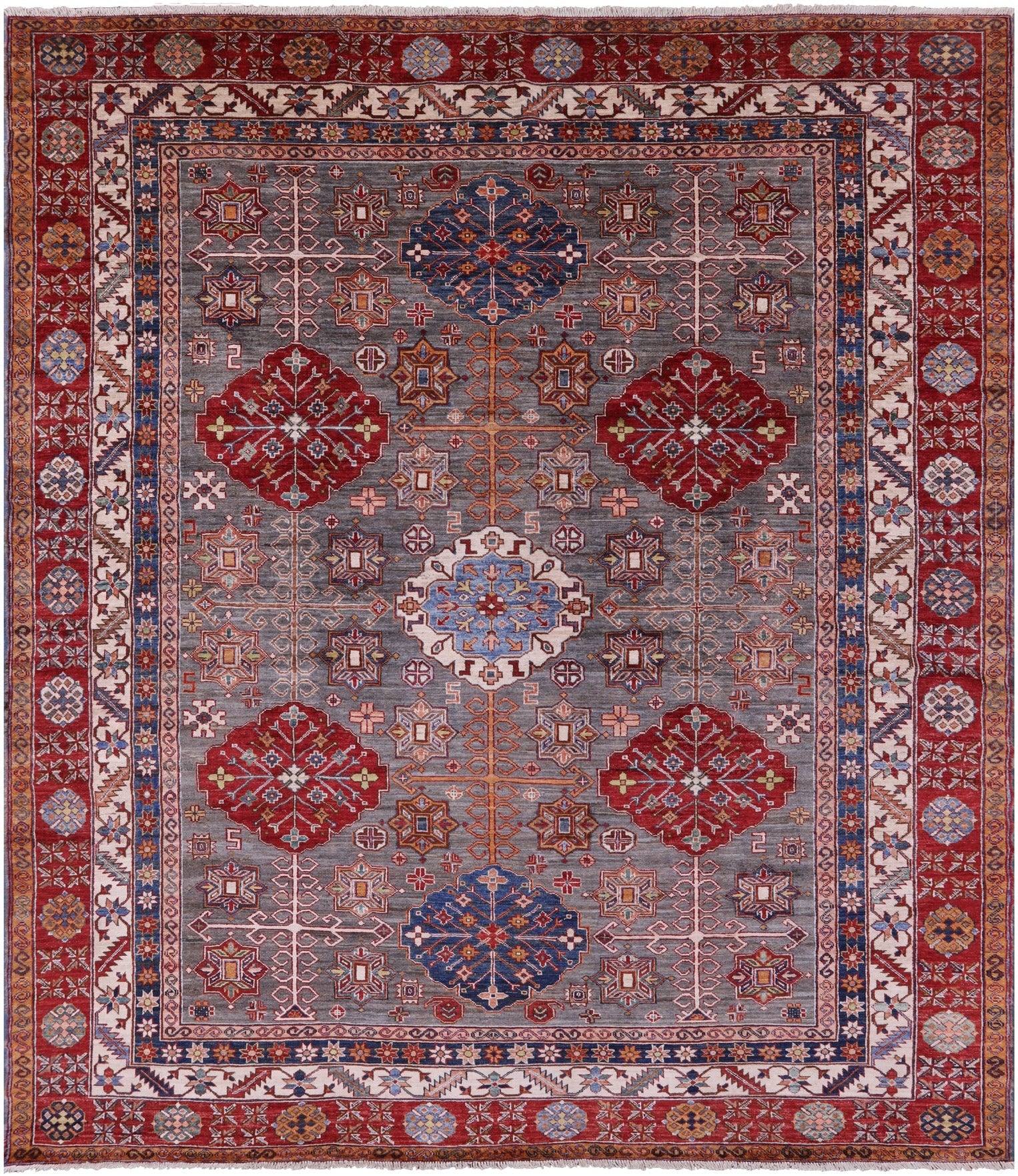 Grey Super Kazak Hand Knotted Wool Rug - 8' 6" X 9' 11" - Golden Nile
