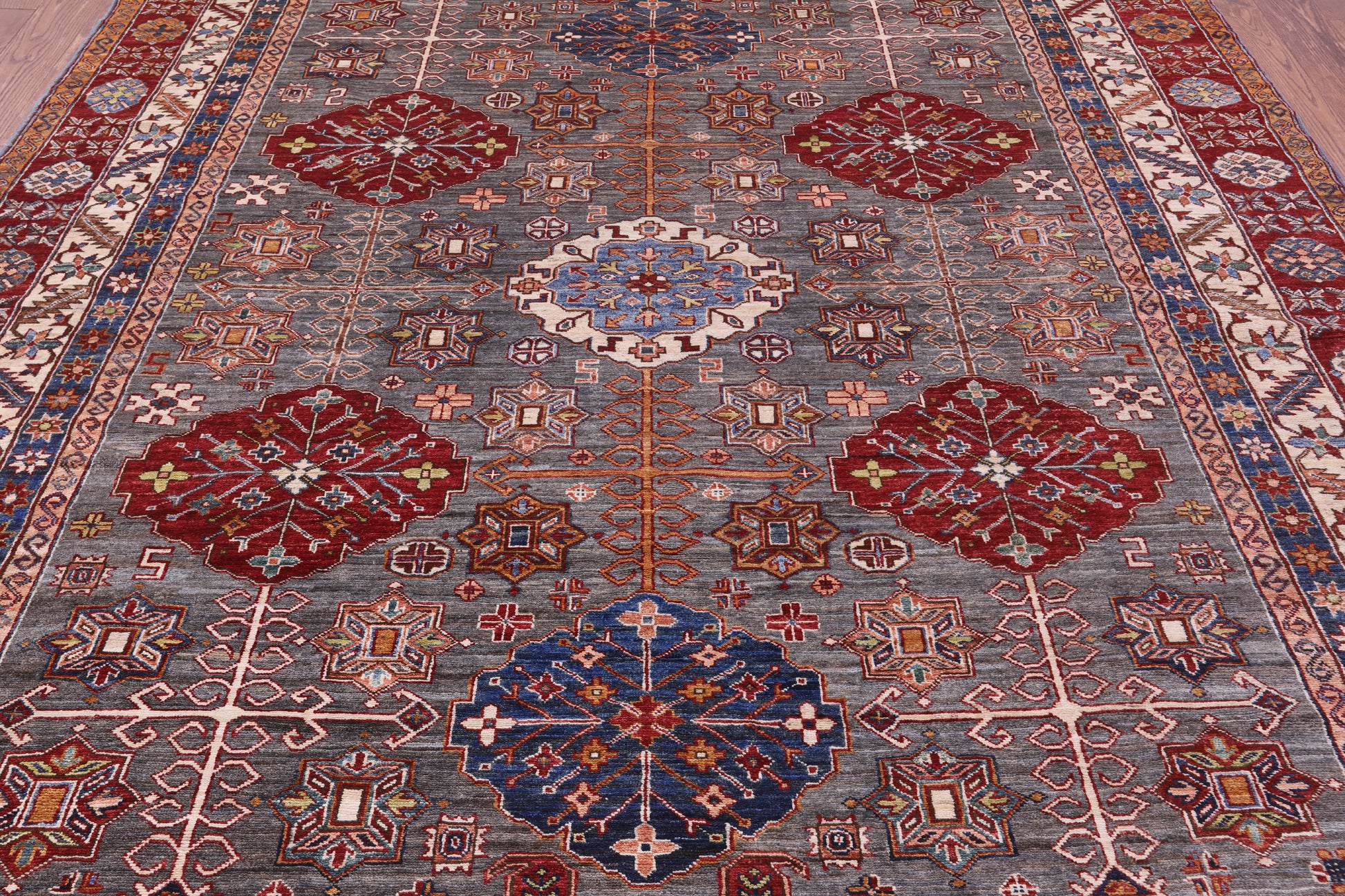 Grey Super Kazak Hand Knotted Wool Rug - 8' 6" X 9' 11" - Golden Nile