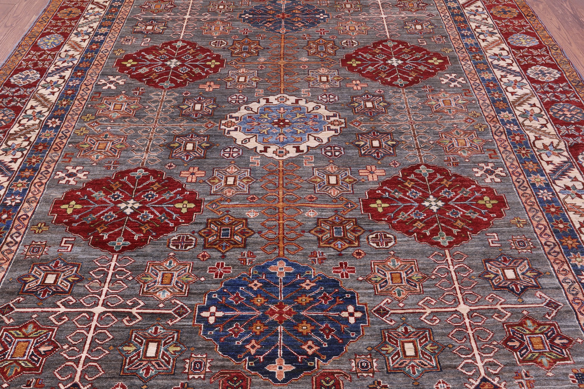 Grey Super Kazak Hand Knotted Wool Rug - 8' 6" X 9' 11" - Golden Nile