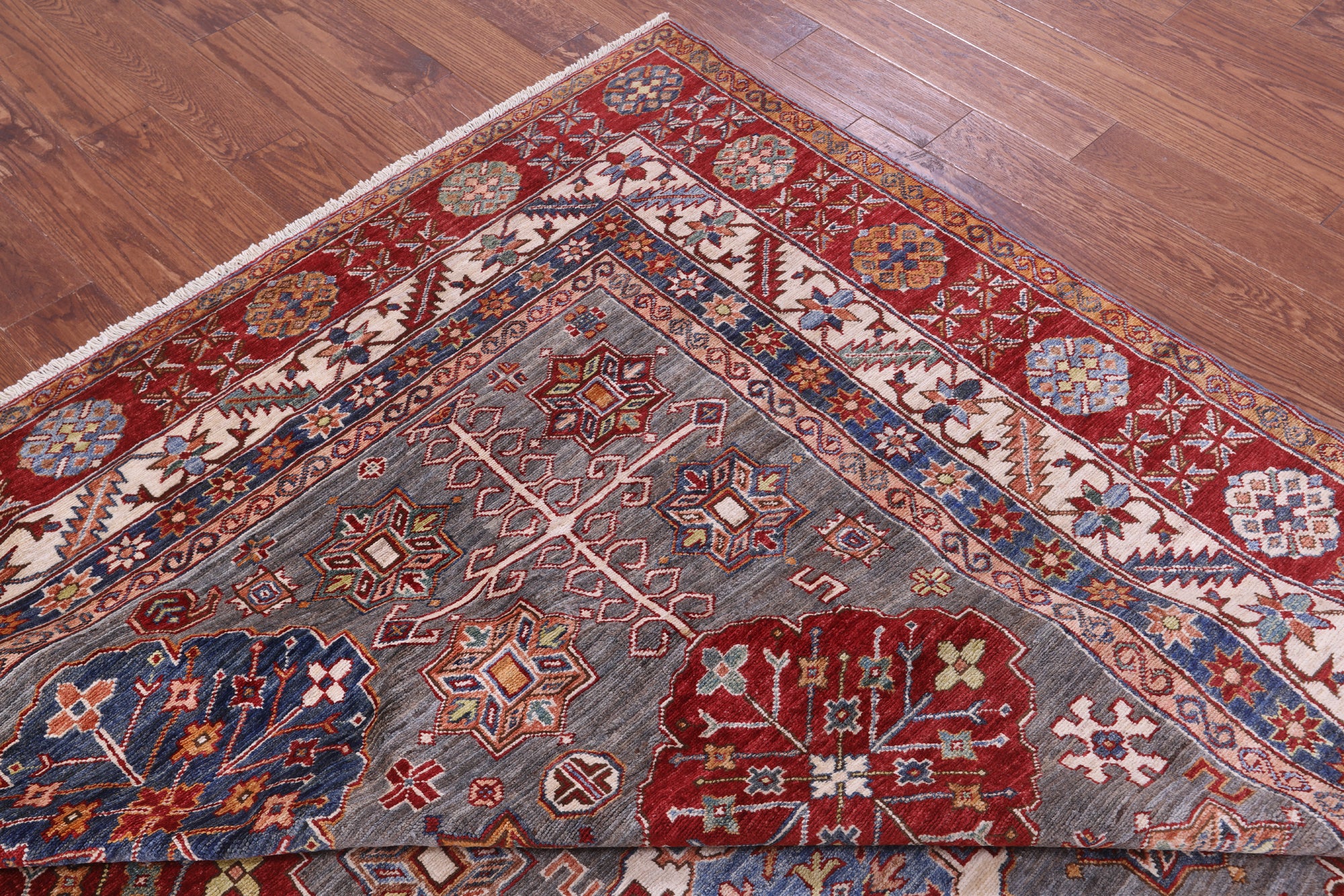 Grey Super Kazak Hand Knotted Wool Rug - 8' 6" X 9' 11" - Golden Nile