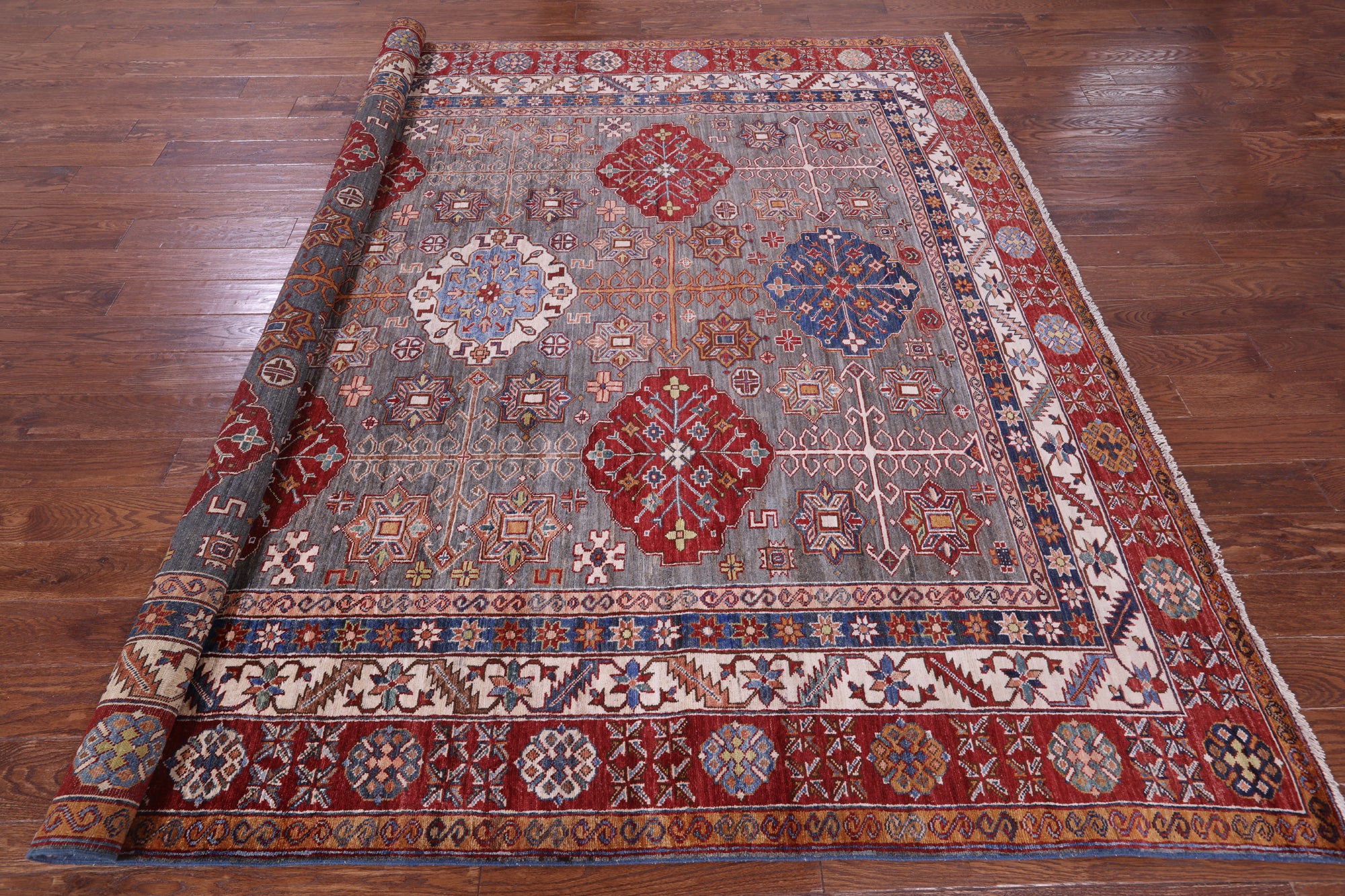 Grey Super Kazak Hand Knotted Wool Rug - 8' 6" X 9' 11" - Golden Nile