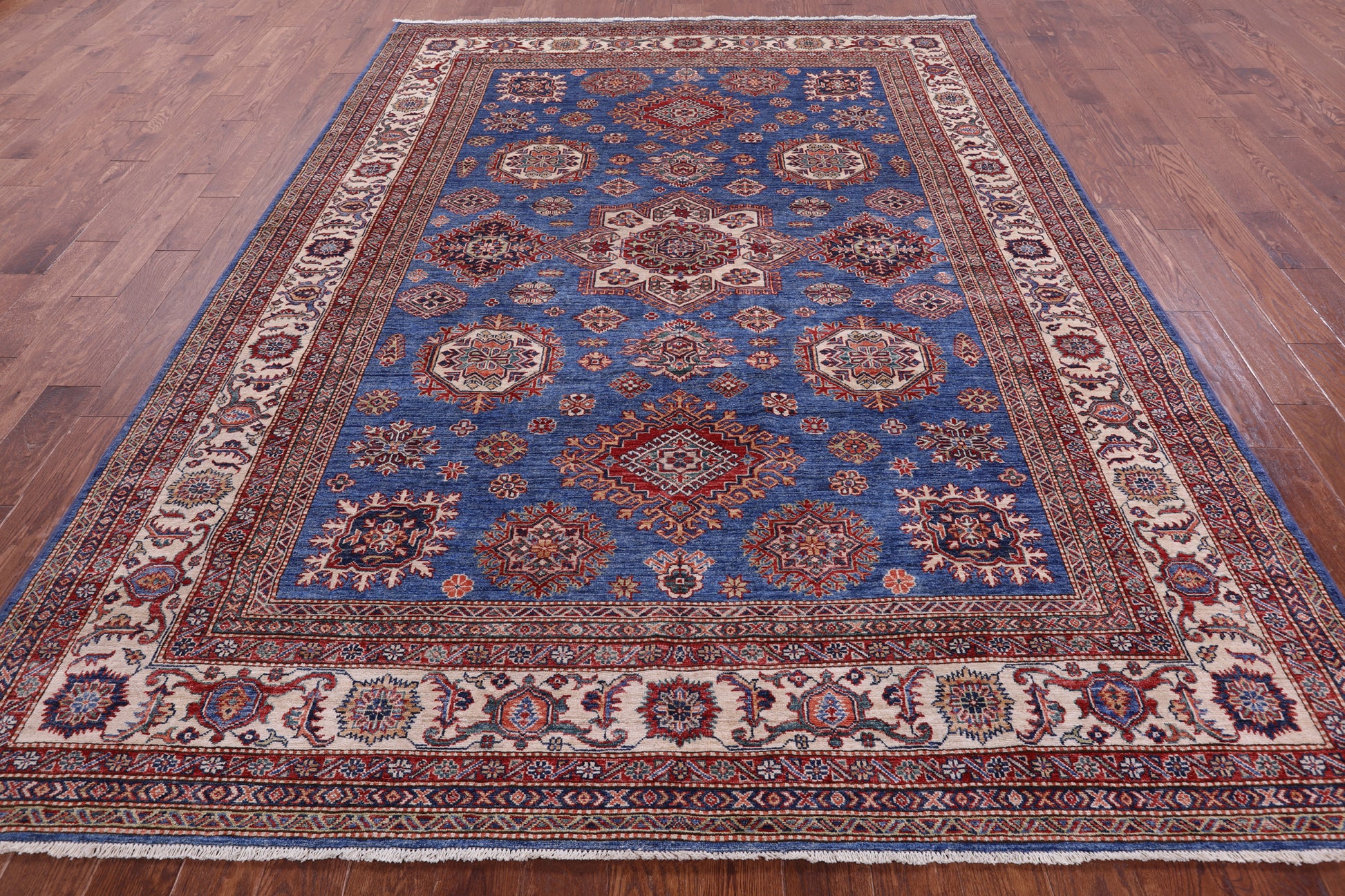 Blue Super Kazak Hand Knotted Wool Rug - 8' 0" X 10' 6" - Golden Nile