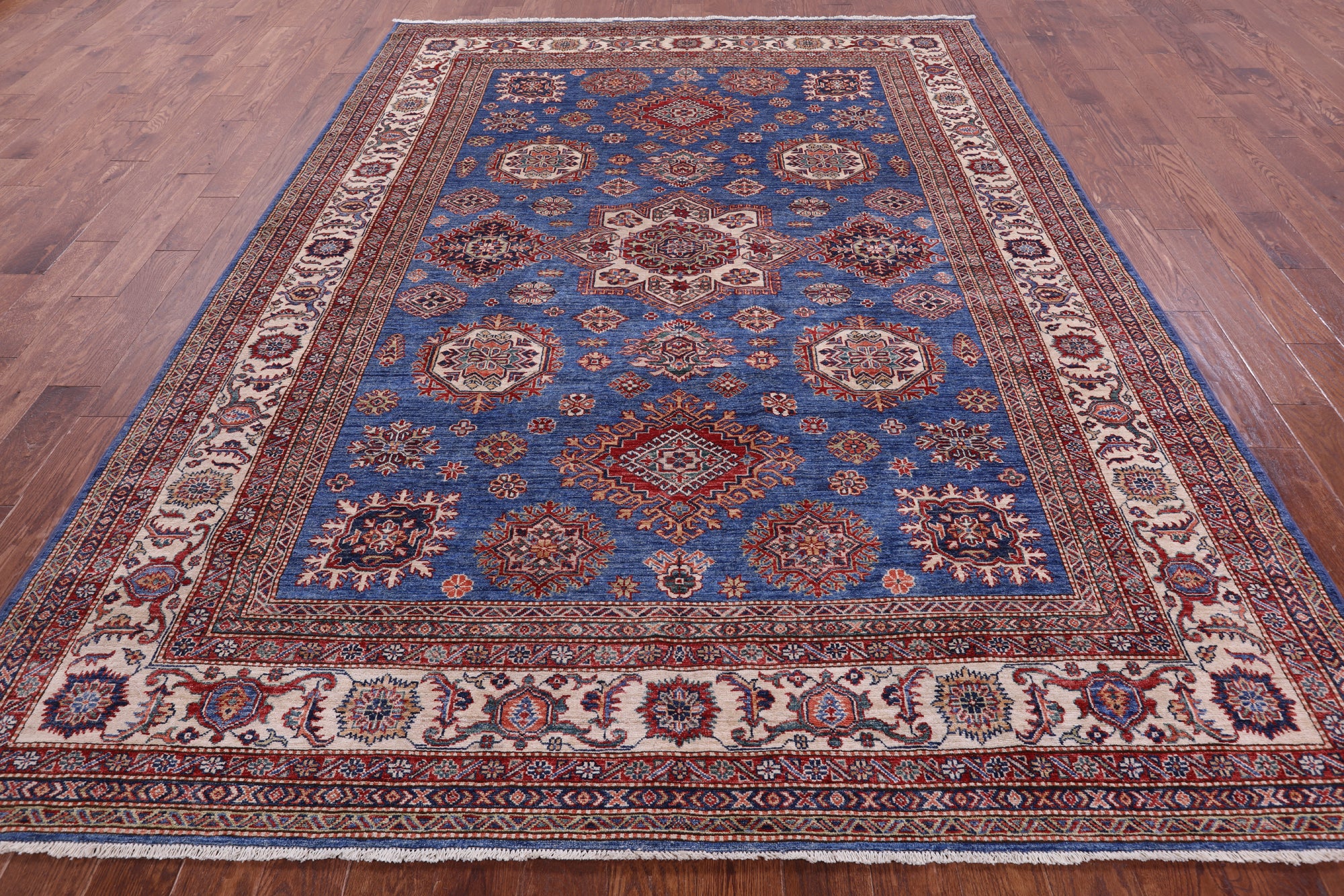 Blue Super Kazak Hand Knotted Wool Rug - 8' 0" X 10' 6" - Golden Nile