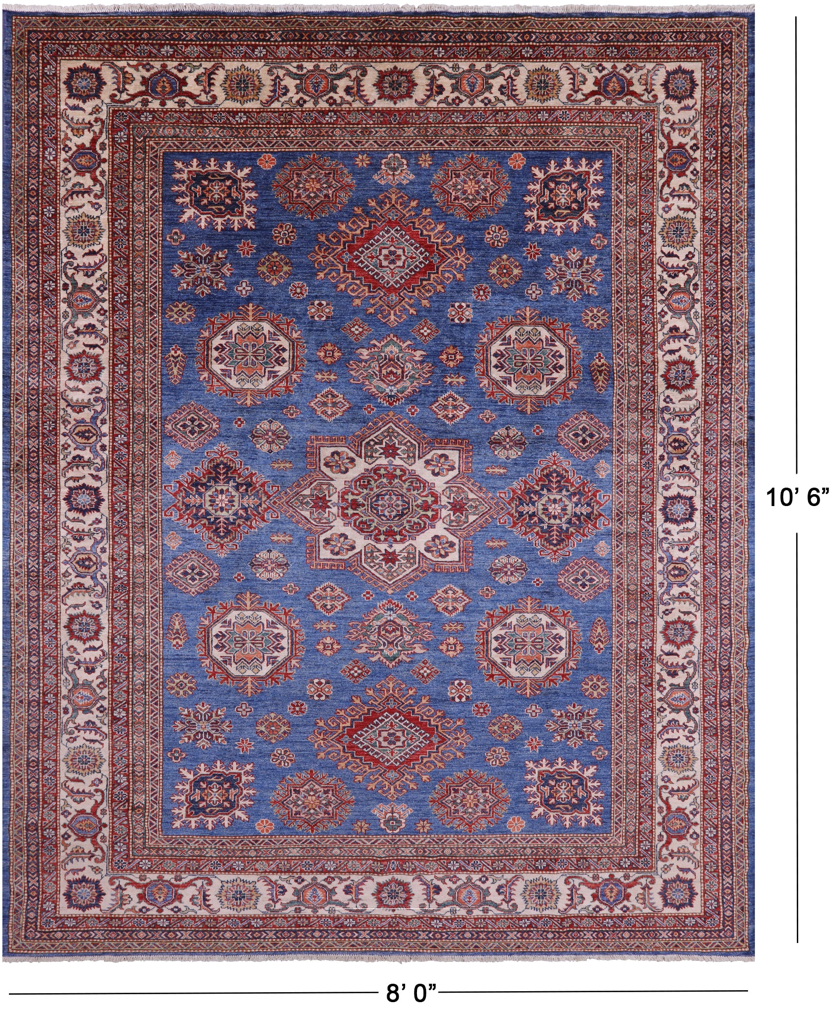Blue Super Kazak Hand Knotted Wool Rug - 8' 0" X 10' 6" - Golden Nile