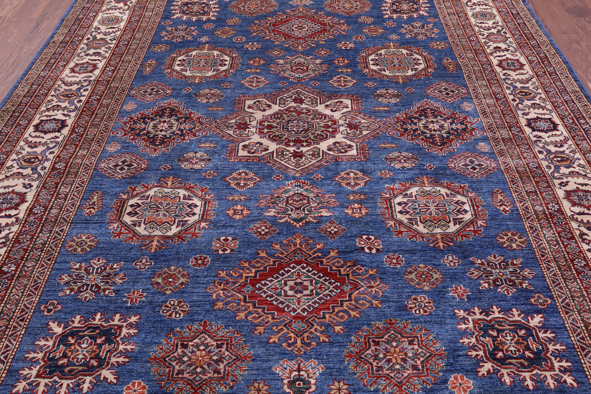 Blue Super Kazak Hand Knotted Wool Rug - 8' 0" X 10' 6" - Golden Nile