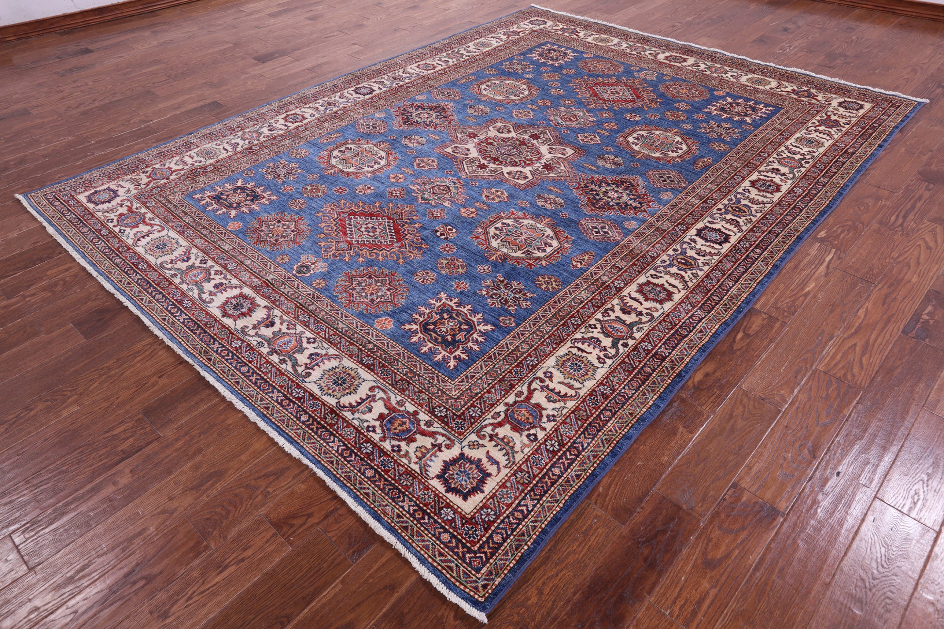 Blue Super Kazak Hand Knotted Wool Rug - 8' 0" X 10' 6" - Golden Nile
