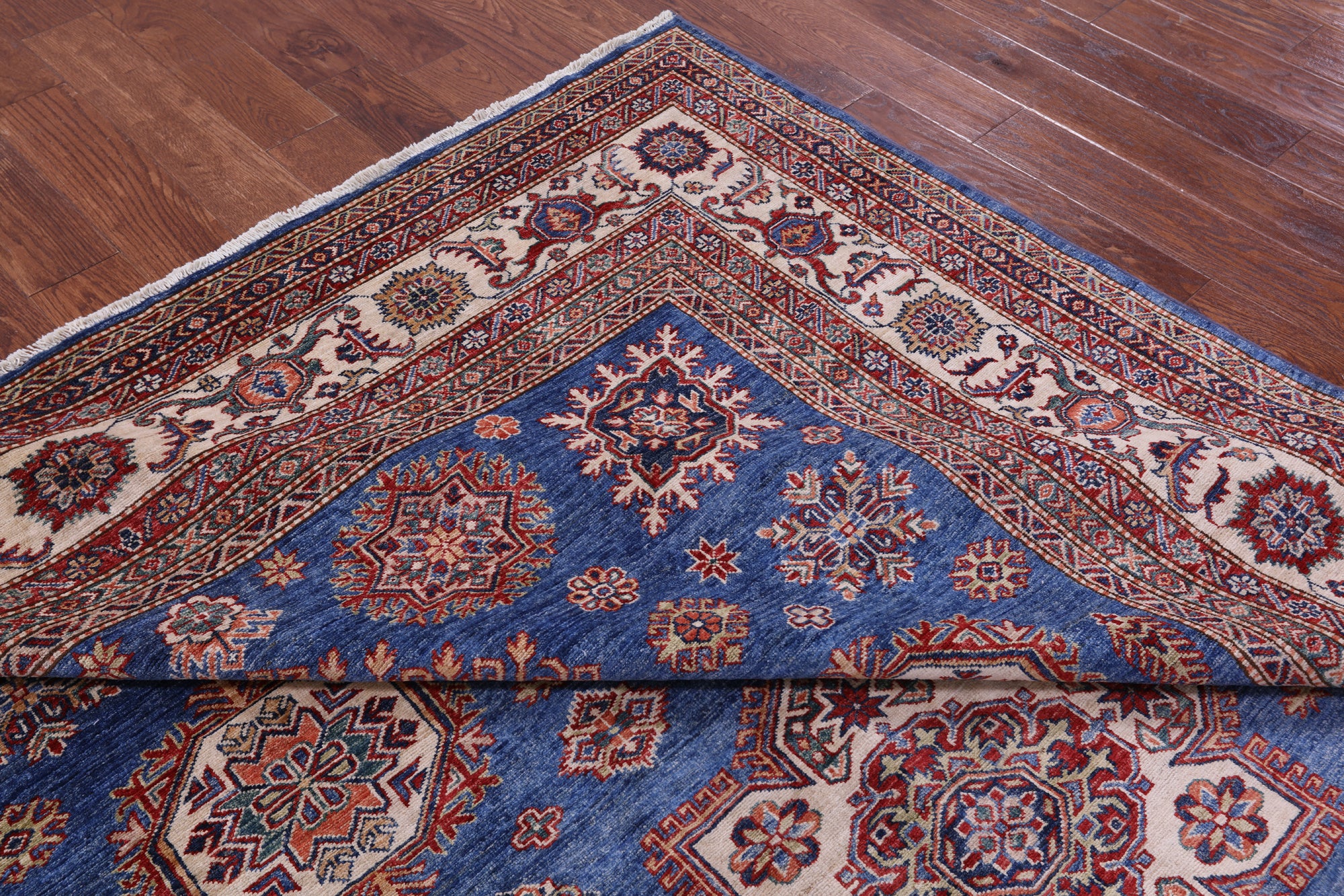 Blue Super Kazak Hand Knotted Wool Rug - 8' 0" X 10' 6" - Golden Nile