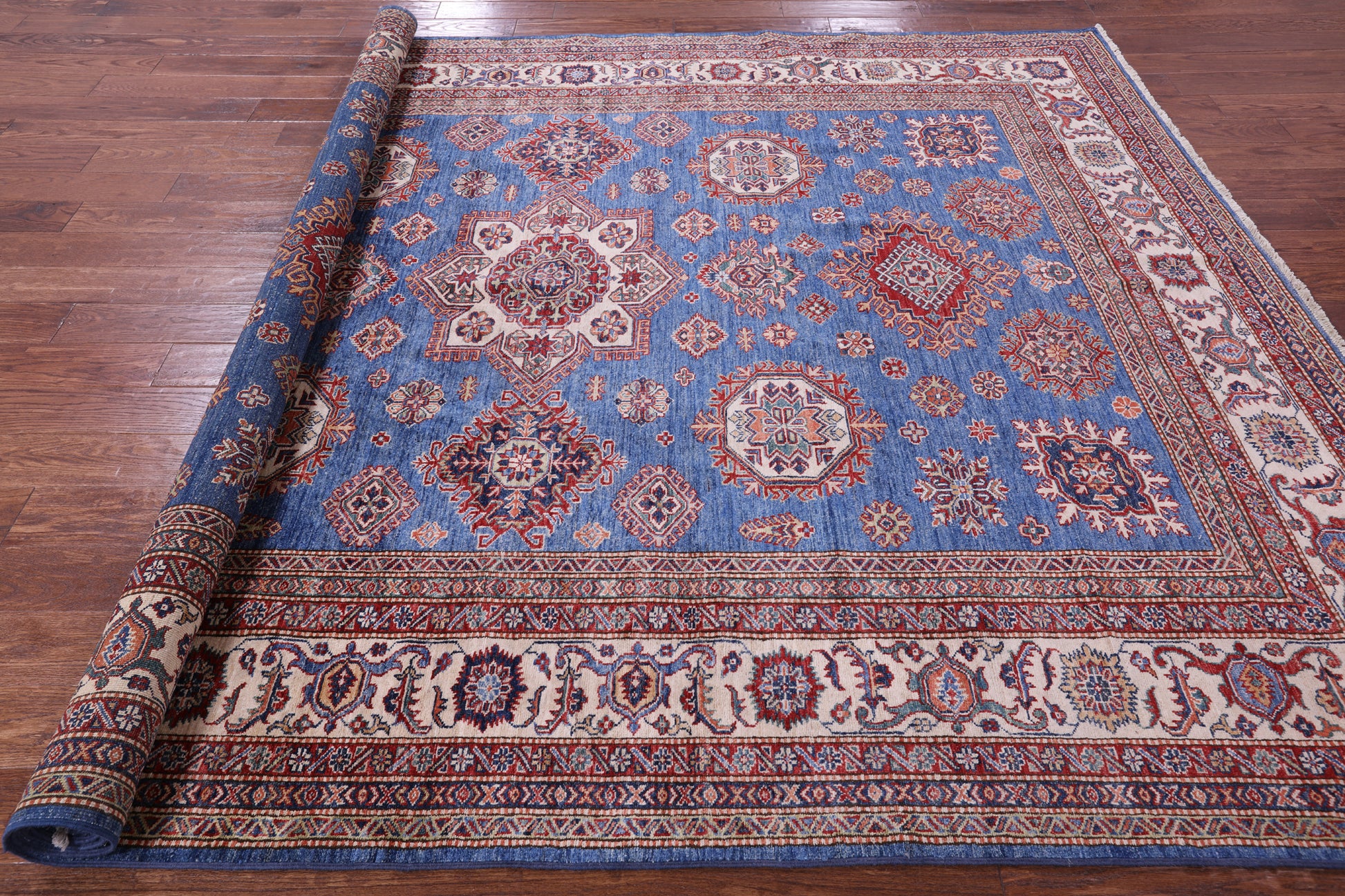 Blue Super Kazak Hand Knotted Wool Rug - 8' 0" X 10' 6" - Golden Nile