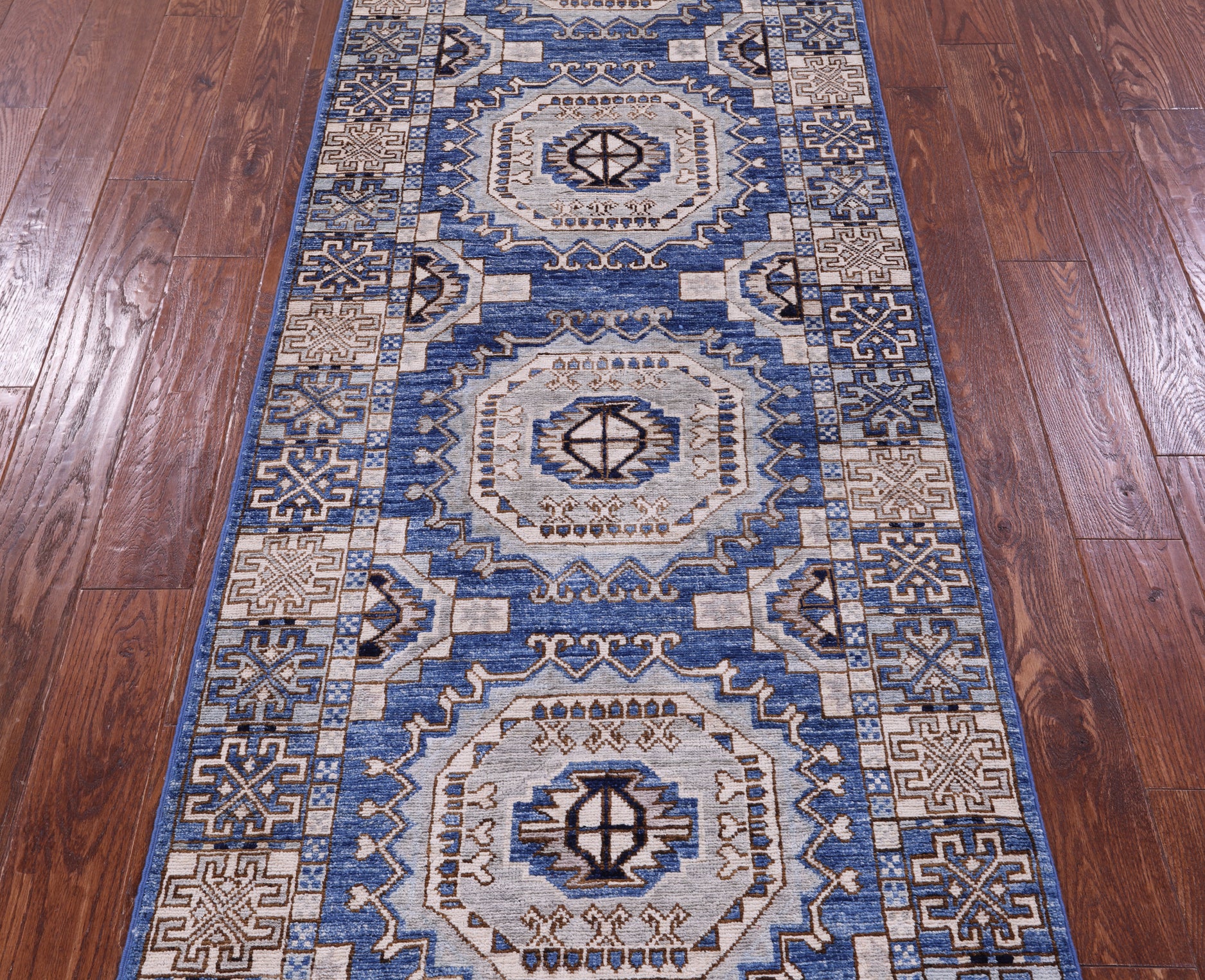 Blue Turkmen Ersari Hand Knotted Wool Runner Rug - 2' 10" X 12' 6" - Golden Nile