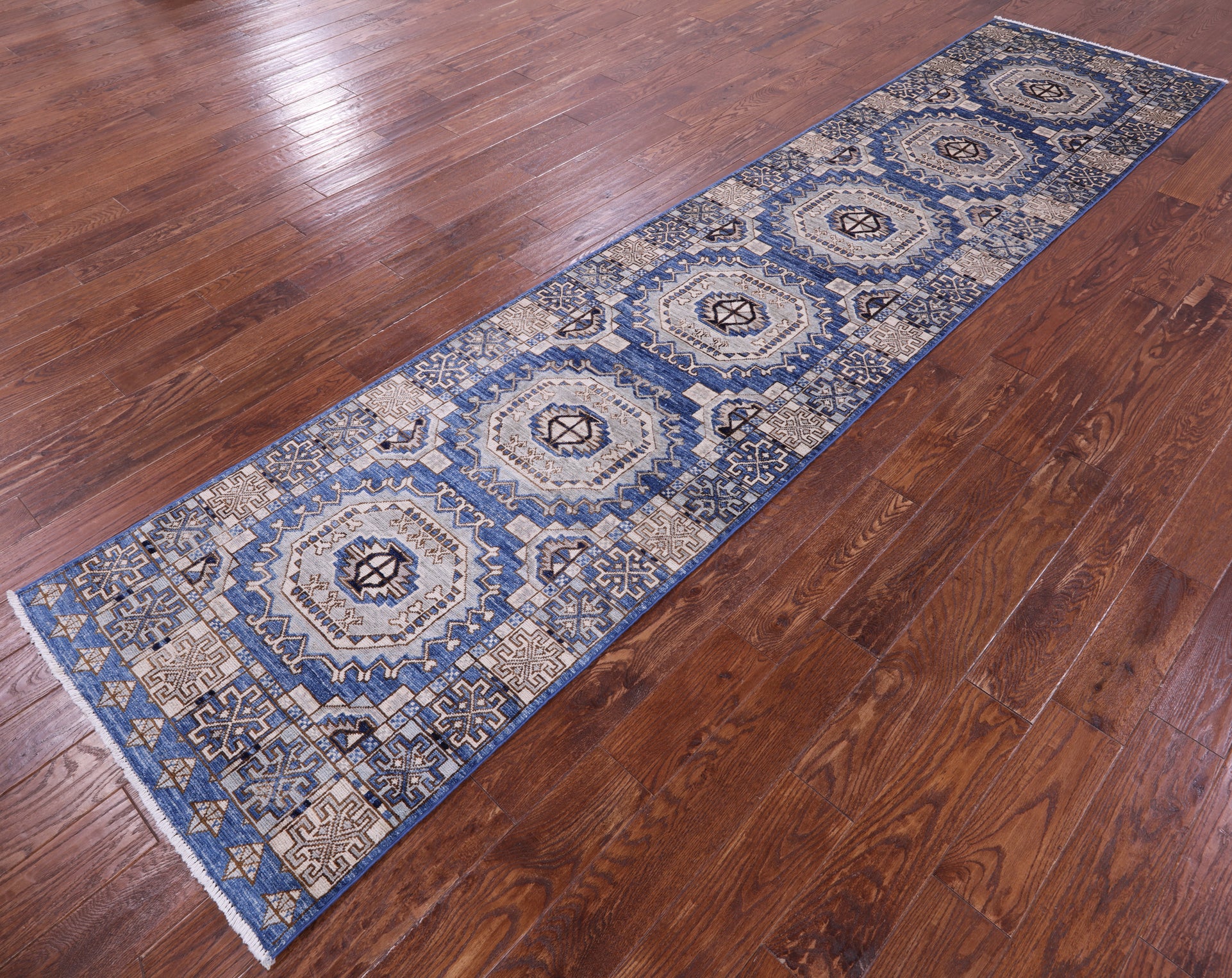 Blue Turkmen Ersari Hand Knotted Wool Runner Rug - 2' 10" X 12' 6" - Golden Nile