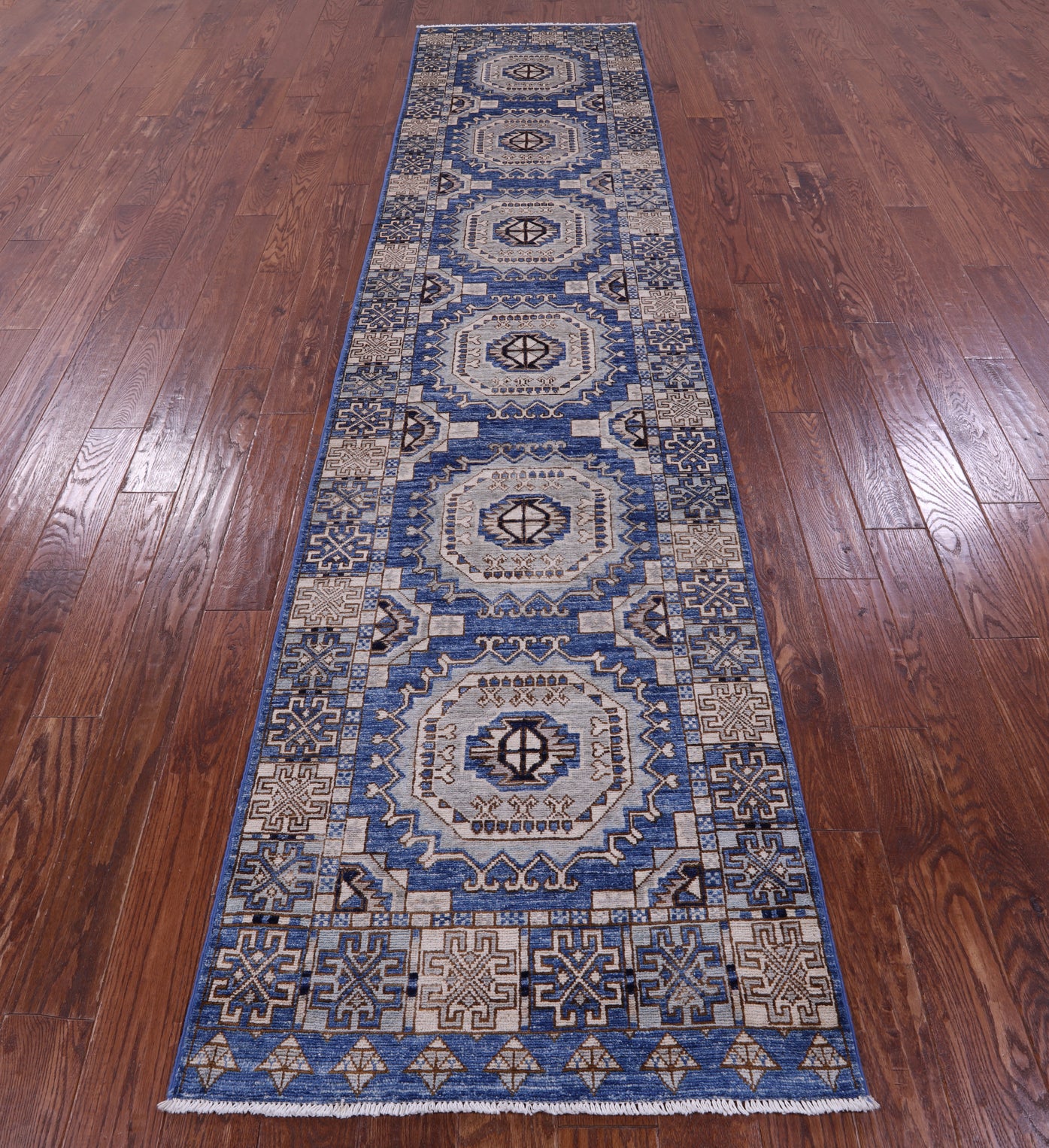 Blue Turkmen Ersari Hand Knotted Wool Runner Rug - 2' 10" X 12' 6" - Golden Nile