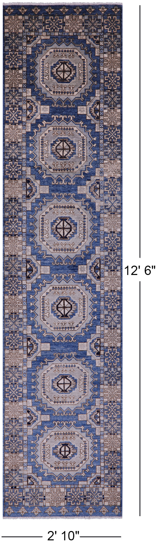 Blue Turkmen Ersari Hand Knotted Wool Runner Rug - 2' 10" X 12' 6" - Golden Nile