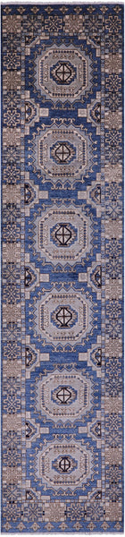 Blue Turkmen Ersari Hand Knotted Wool Runner Rug - 2' 10" X 12' 6" - Golden Nile