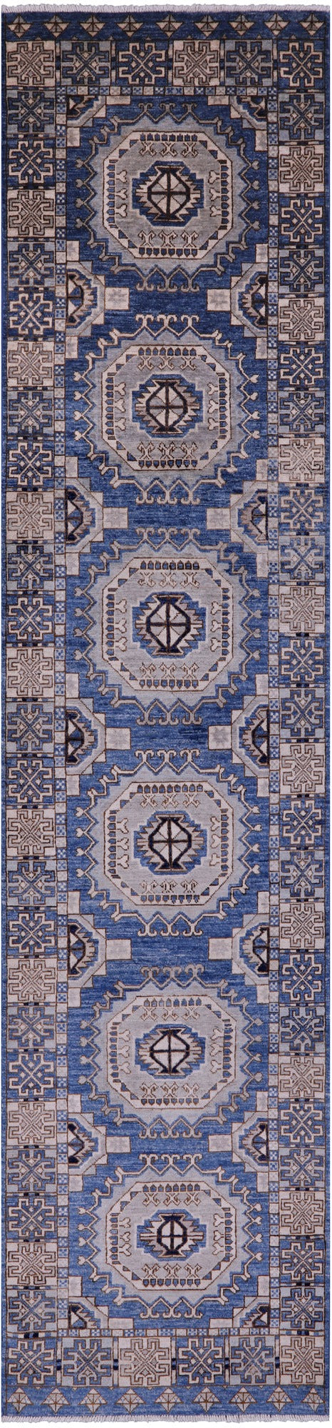 Blue Turkmen Ersari Hand Knotted Wool Runner Rug - 2' 10" X 12' 6" - Golden Nile