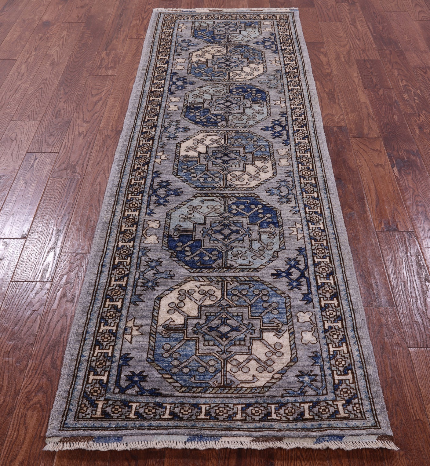 Grey Turkmen Ersari Hand Knotted Wool Runner Rug - 2' 8" X 8' 0" - Golden Nile