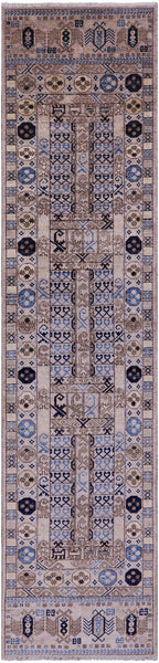 Grey Turkmen Ersari Hand Knotted Wool Runner Rug - 2' 9" X 11' 11" - Golden Nile