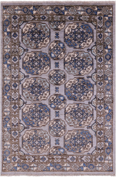 Grey Turkmen Ersari Hand Knotted Wool Rug - 4' 0" X 5' 10" - Golden Nile
