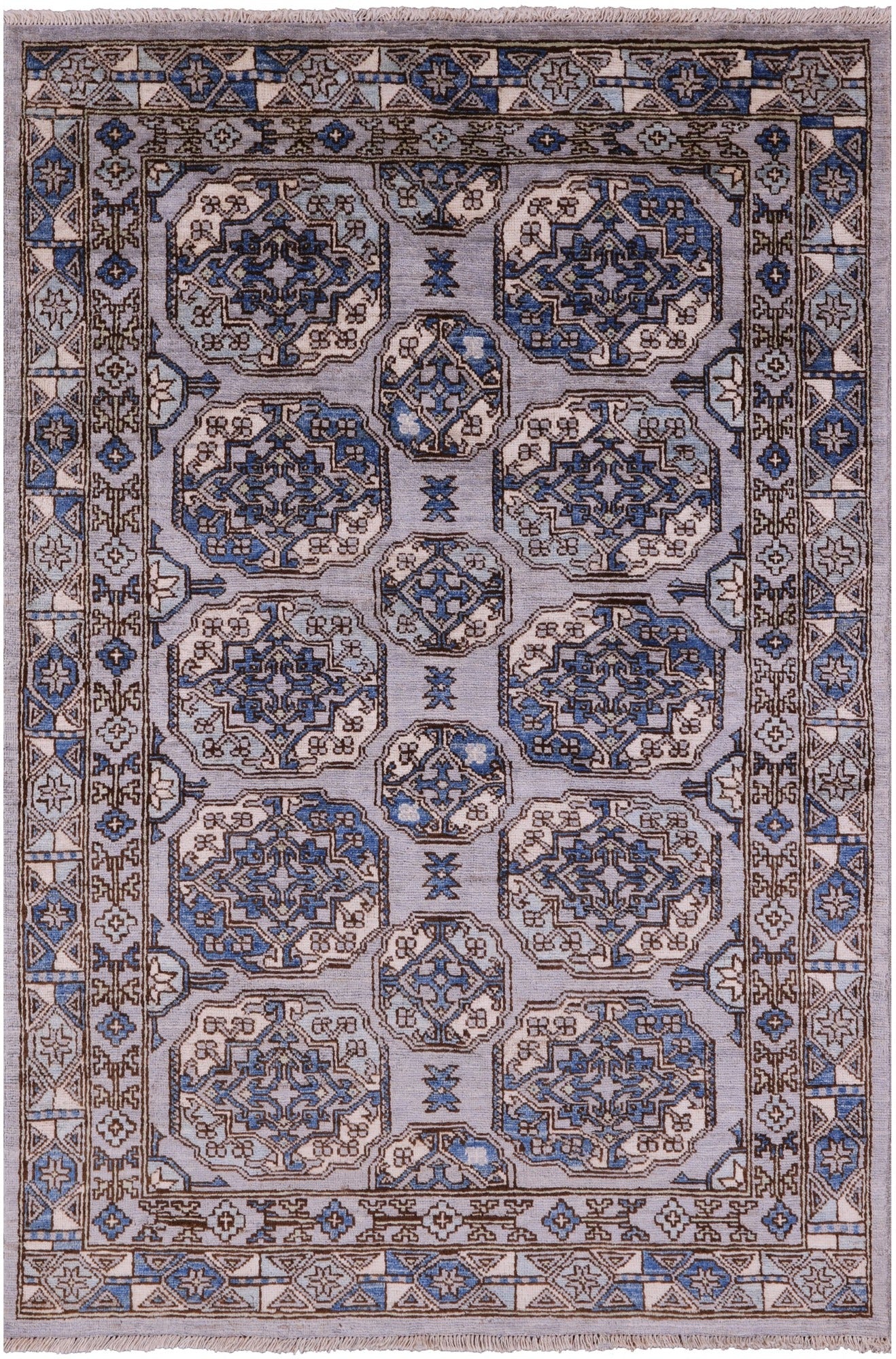 Grey Turkmen Ersari Hand Knotted Wool Rug - 4' 0" X 5' 10" - Golden Nile