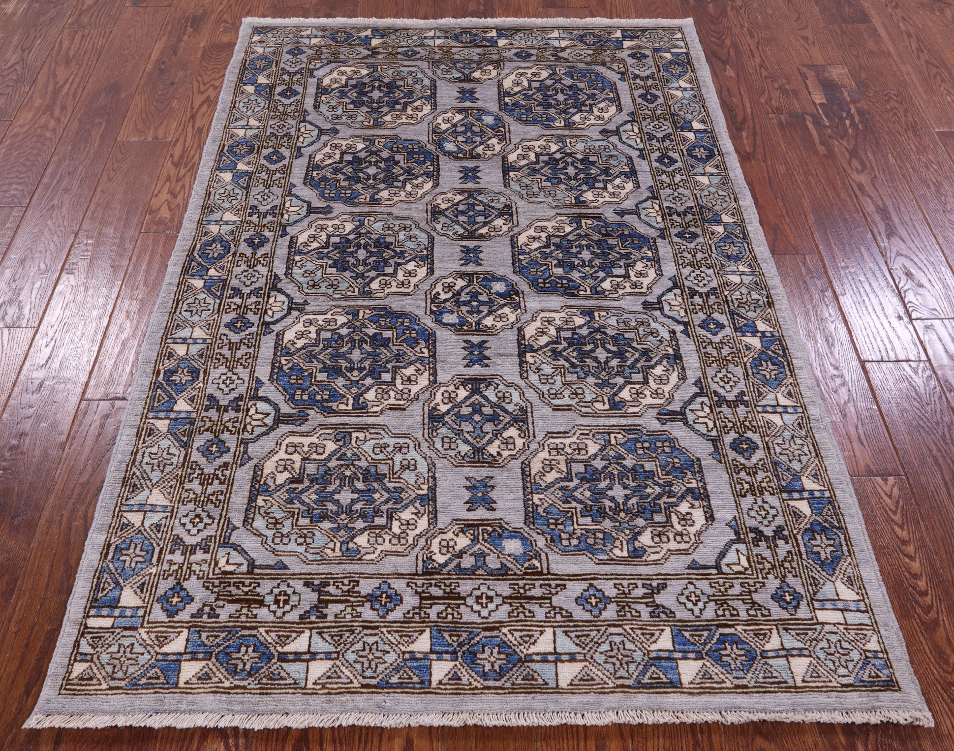 Grey Turkmen Ersari Hand Knotted Wool Rug - 4' 0" X 5' 10" - Golden Nile
