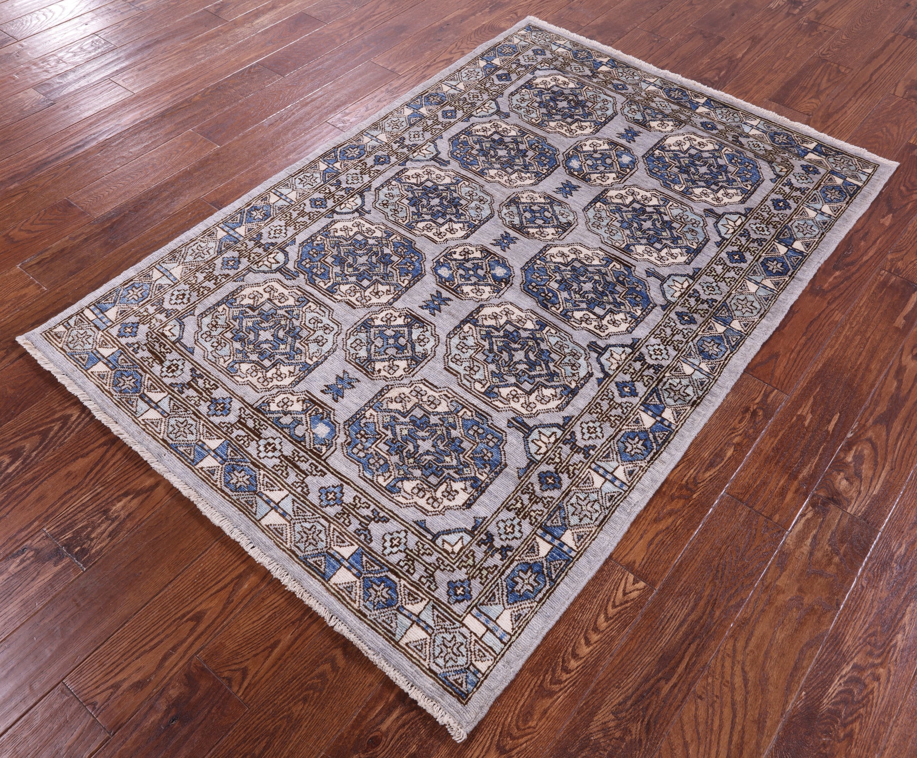Grey Turkmen Ersari Hand Knotted Wool Rug - 4' 0" X 5' 10" - Golden Nile