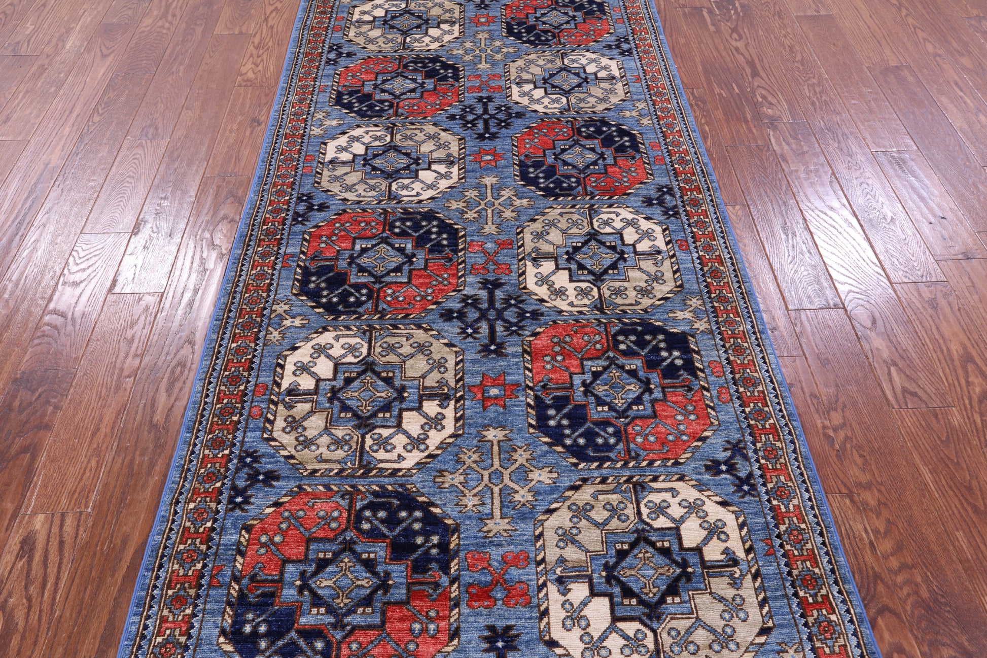 Blue Turkmen Ersari Hand Knotted Wool Runner Rug - 3' 11" X 11' 10" - Golden Nile